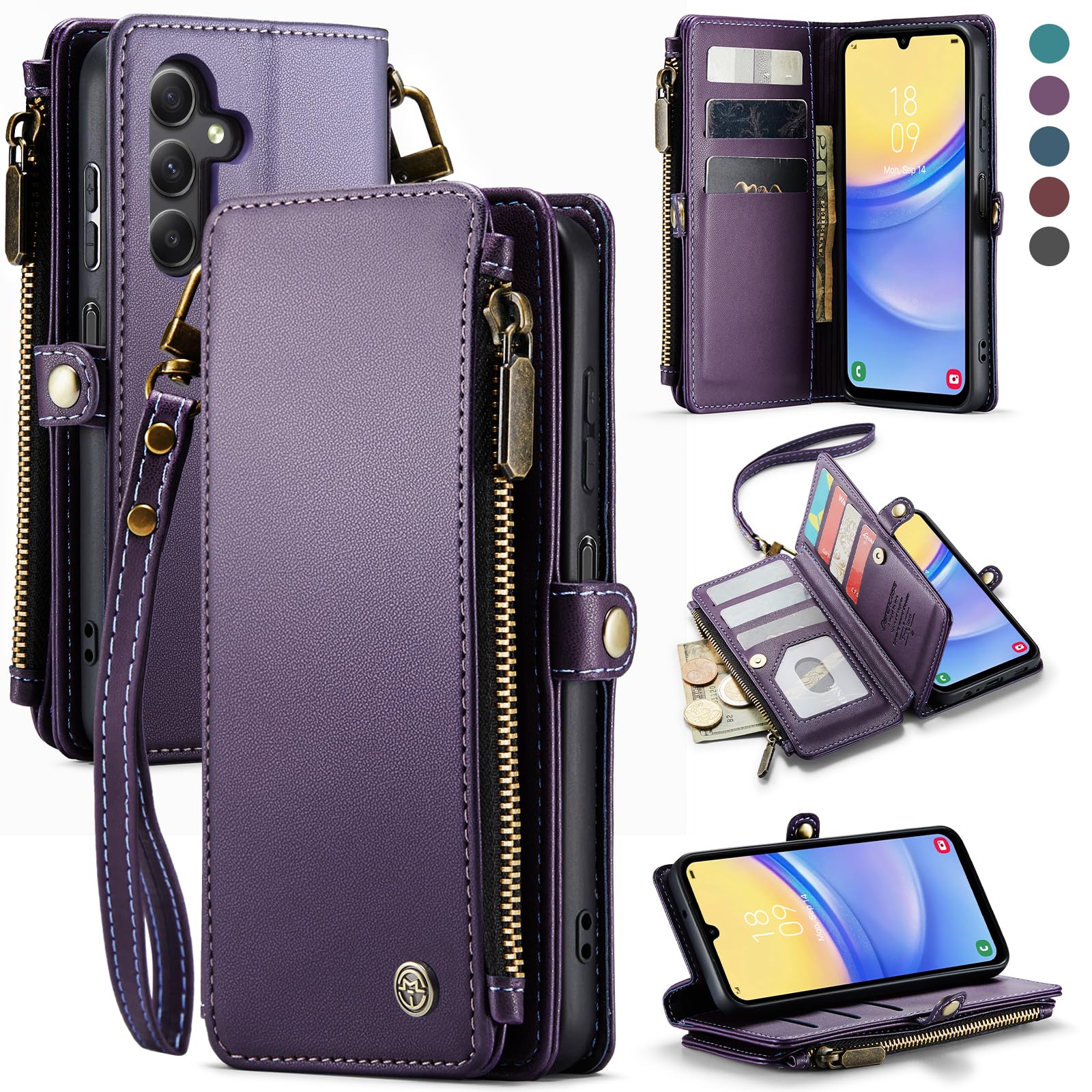 Defencase for Samsung Galaxy A15 5G Case, RFID Blocking for Samsung A15 5G Case Wallet with Card Holder for Women, Fashion PU Leather Magnetic Flip Zipper Strap Phone Case for Galaxy A15 5G, Purple