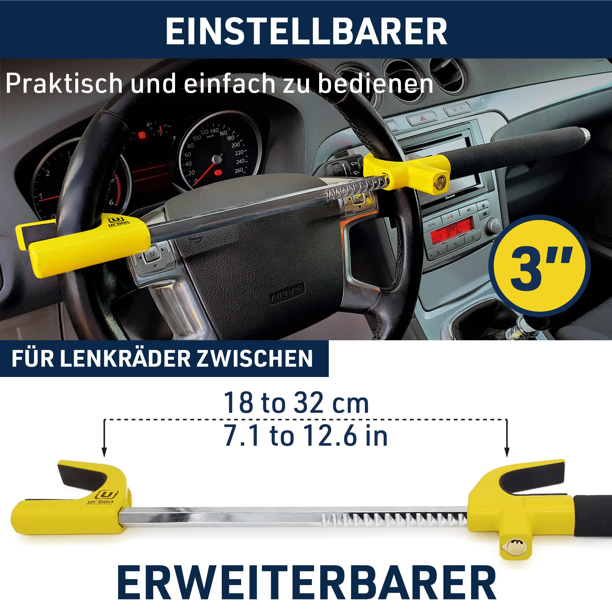 URBAN UR959Y Lenkradkralle Hochsicherheits Lenkradschloss Abschreckend Gelb, Lenkradsperre Automatik-Verriegelung, Diebstahlsicherung Universal für Auto Wohnmobil PKW