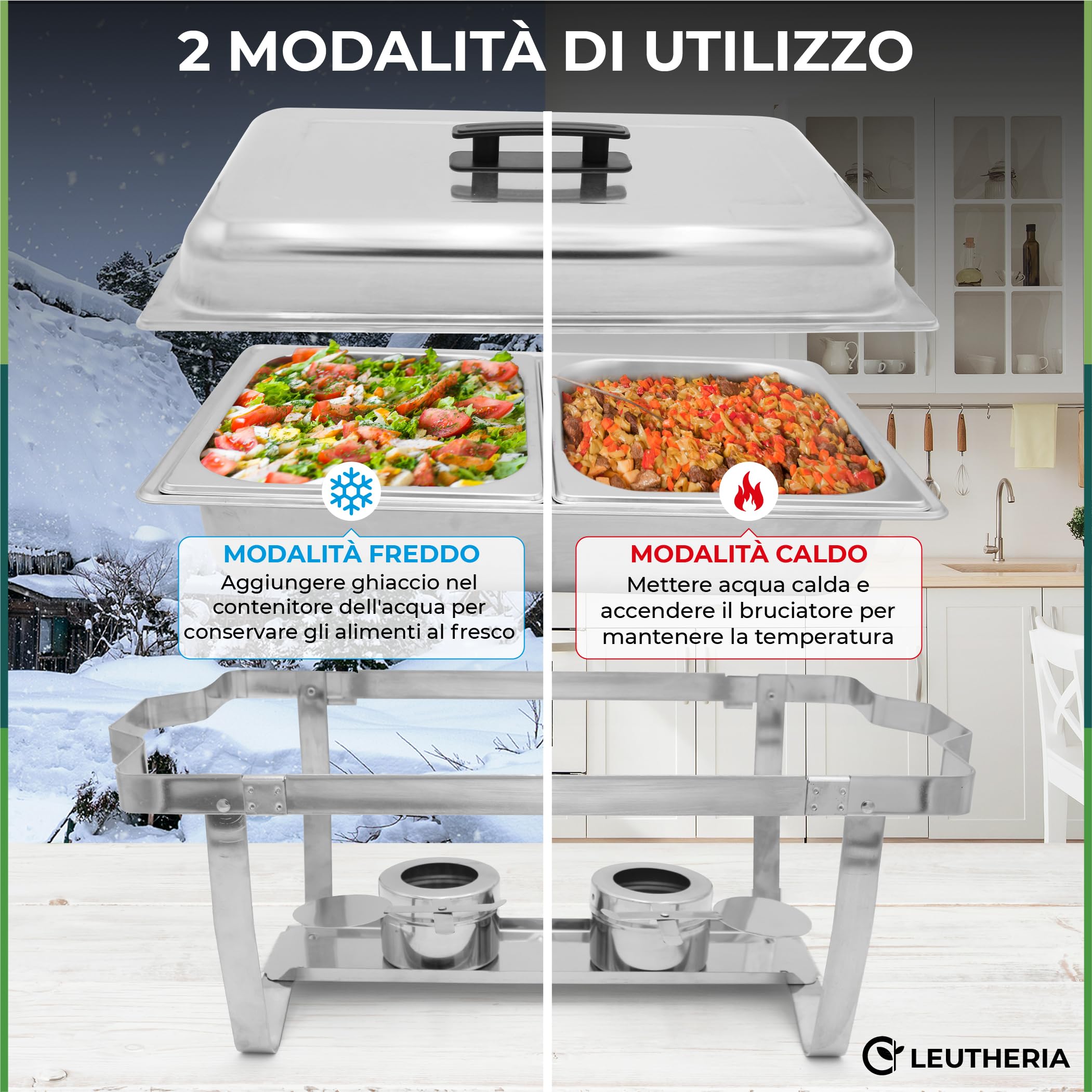 Set 4 Scaldavivande LEUTHERIA - Chafing dish professionale in acciaio inox alimentare SS201 per buffet/bagnomaria professionale/mantenimento caldo/catering/hotel/ristorante - 9L capacità
