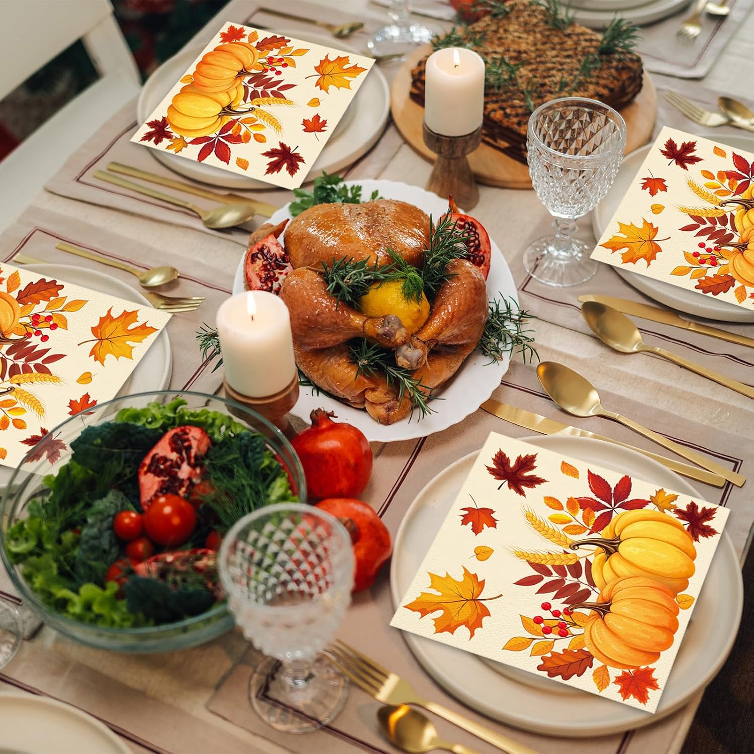 50 Pcs Fall Pumpkin Leaves Paper Napkins Set, 13x13 Inches Unfolded – Disposable Autumn Harvest Cocktail Napkins for Thanksgiving, Friendsgiving, and Fall Party Table Decorations