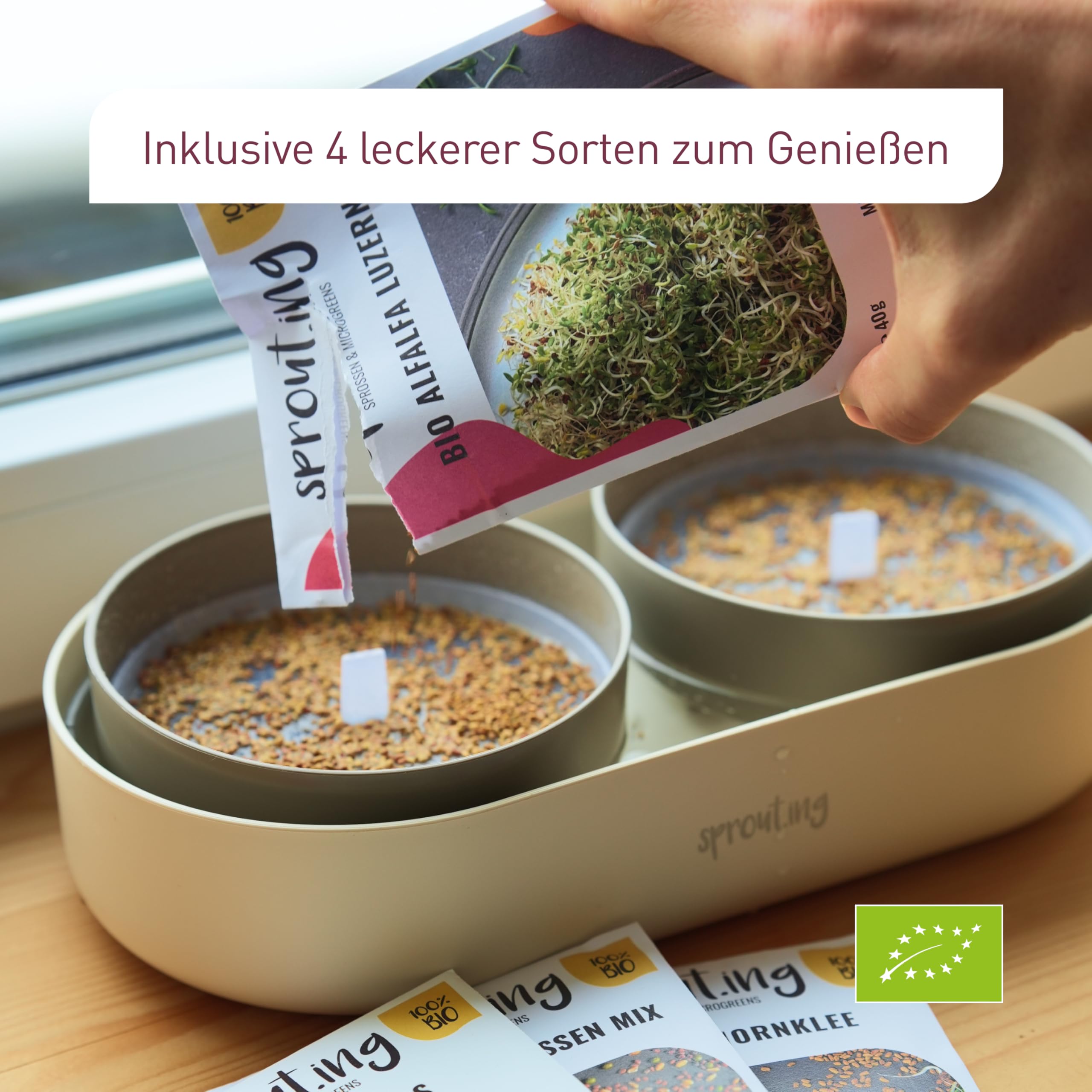 Plantura Bio-Sprossen Anzucht-Set (Komplett), keimstarkes Bio-Saatgut, für Sprossen & Microgreens, BPA-frei & spülmaschinengeeignet, 4 Sorten, bis zu 36 Ernten