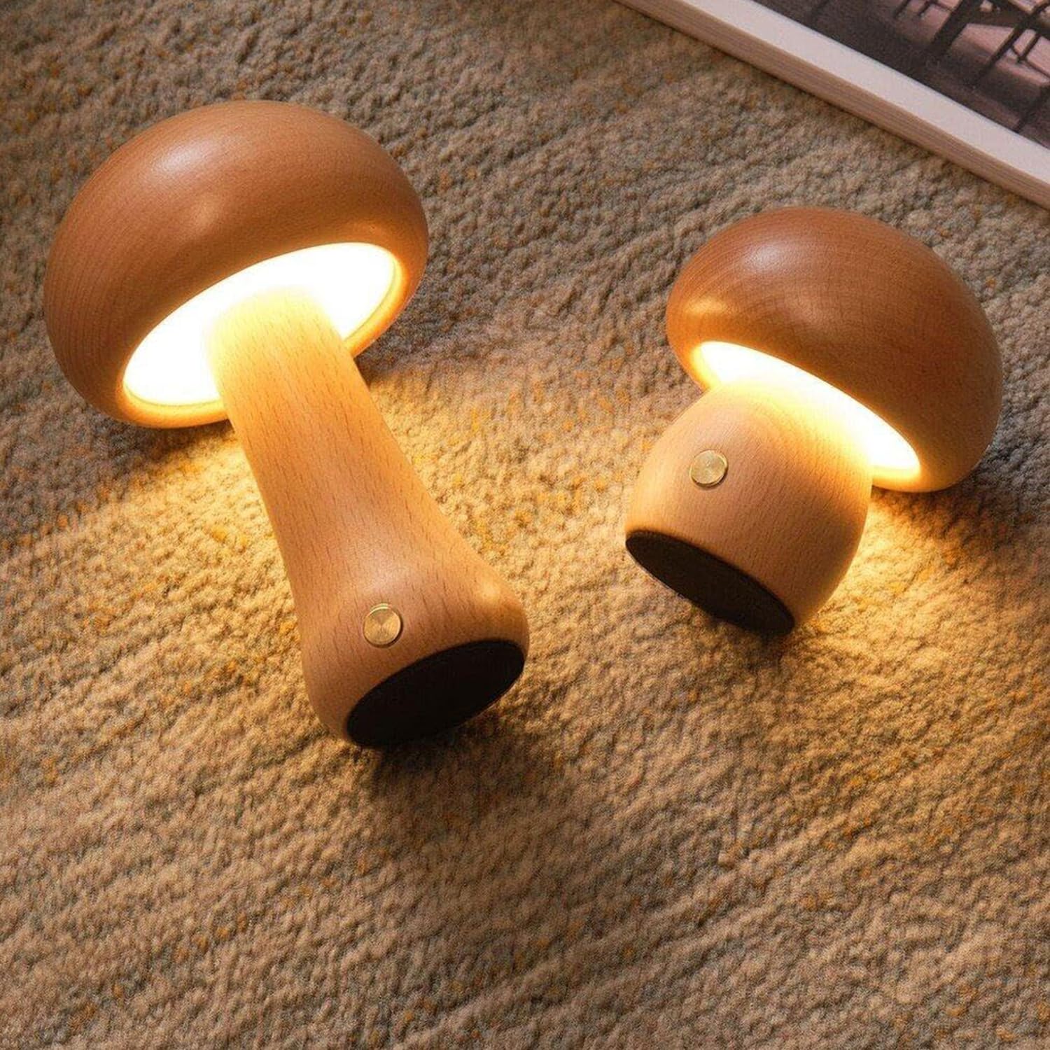 Urocza mała lampa biurkowa w kształcie grzyba, lampka nocna, drewniana lampa stołowa w stylu vintage, dekoracja grzyba, ładowanie USB, przełącznik dotykowy, regulowana lampka nocna do sypialni,