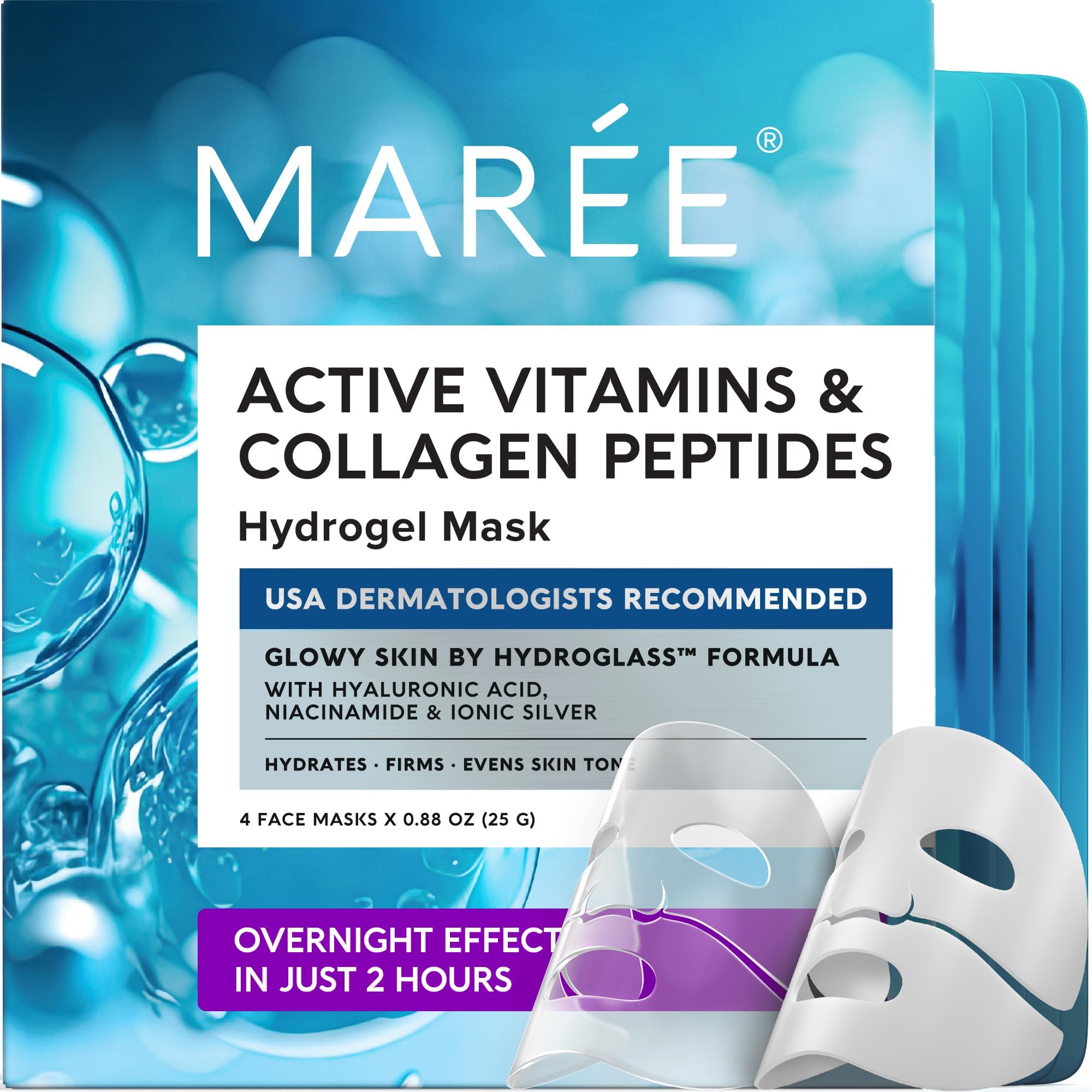 MAREE Hydrogel Collagen Face Mask with Hyaluronic Acid - Hydrating Face Masks Skincare with Niacinamid & Ionic Silver - Mascarillas Faciales For Women Skin Care - 4 Pack