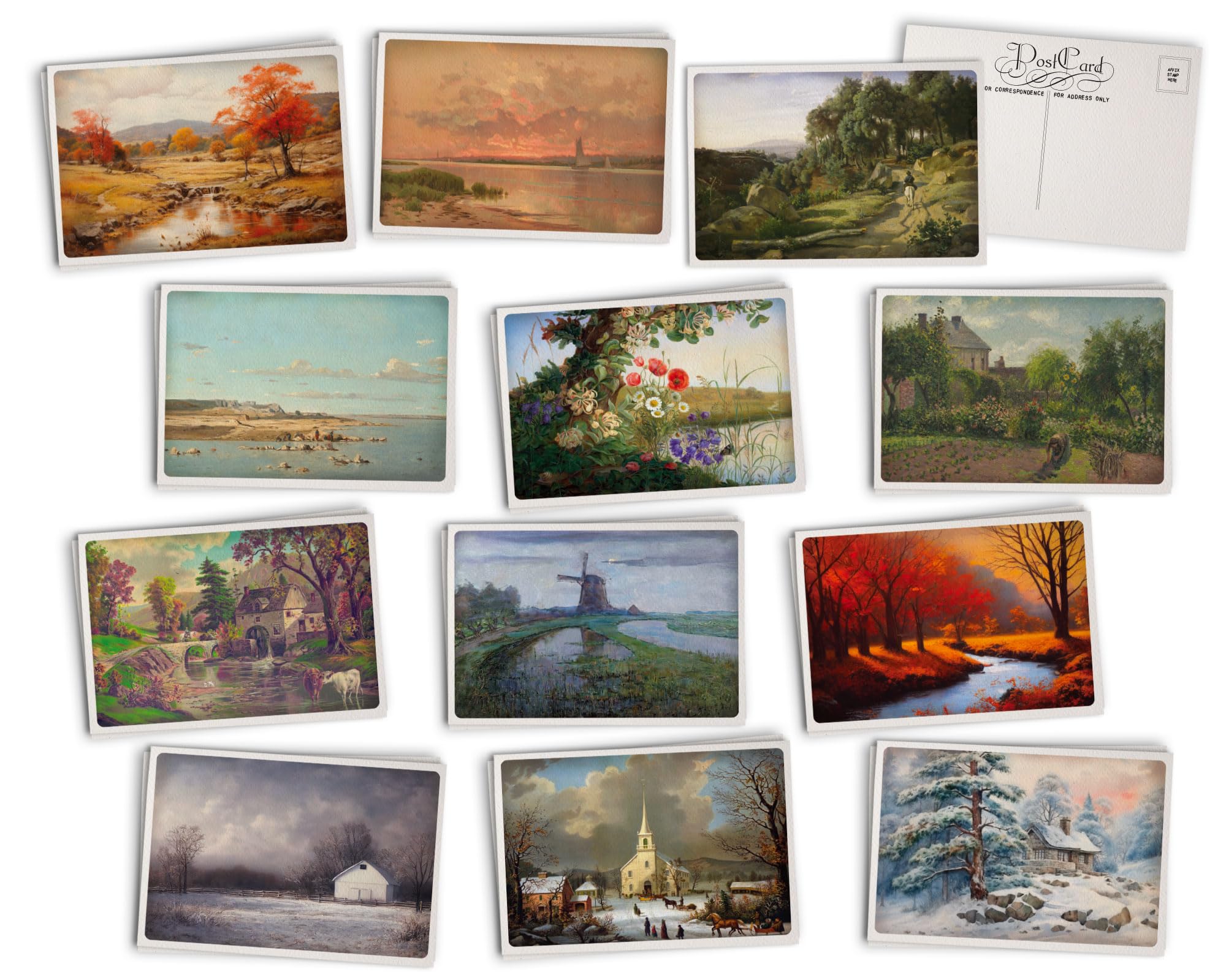 Hill Valley Greetings Vintage Landscapes Postcards - 24 Vintage Postcards - 12 Assorted Retro Scenic Prints - Printed on Antique Textured Style