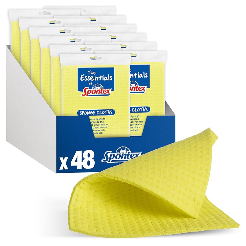 Spontex The Essentials Panni spugna | Panni super assorbenti per pulire e spolverare | 100% cellulosa certificata PEFC | Confezione da 12 x 4 (totale 48)