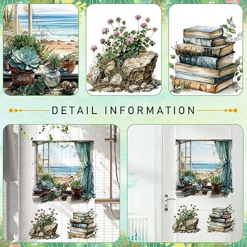 Miniatura 3 de Calcomanías de pared falsas para ventana de mar, playa, suculentas, plantas en maceta, calcomanías de pared, flores rosas, libros de plantas verdes,
