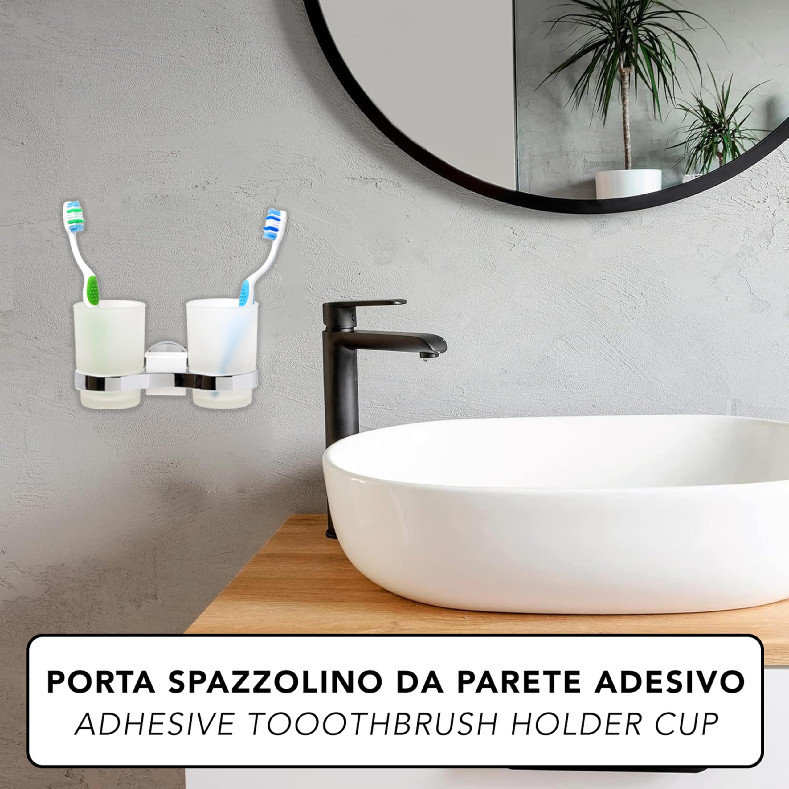 IPEA Samoprzylepny uchwyt na szczoteczkę do zębów z podwójną szklanką - bez wiercenia - nowoczesny design - stylowy uchwyt na szczoteczki do zębów i pastę do zębów na ścianę przyklejanie w łazience