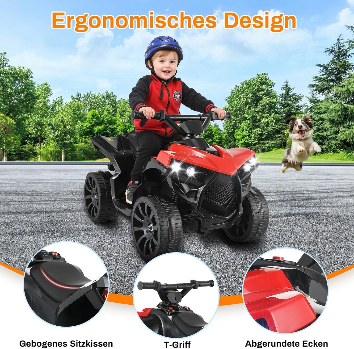 MAMIZO 6V Elektro-Quad Kinder, Kinderfahrzeug mit 3 KM/h, für ab 3-5 Jahre | Kinderquad mit LED-Scheinwerfern, Elektroauto mit 4 räder, Elektroquad mit Musik, Hupe, Vorwärts-/Rückwärtsfunktion, Rot
