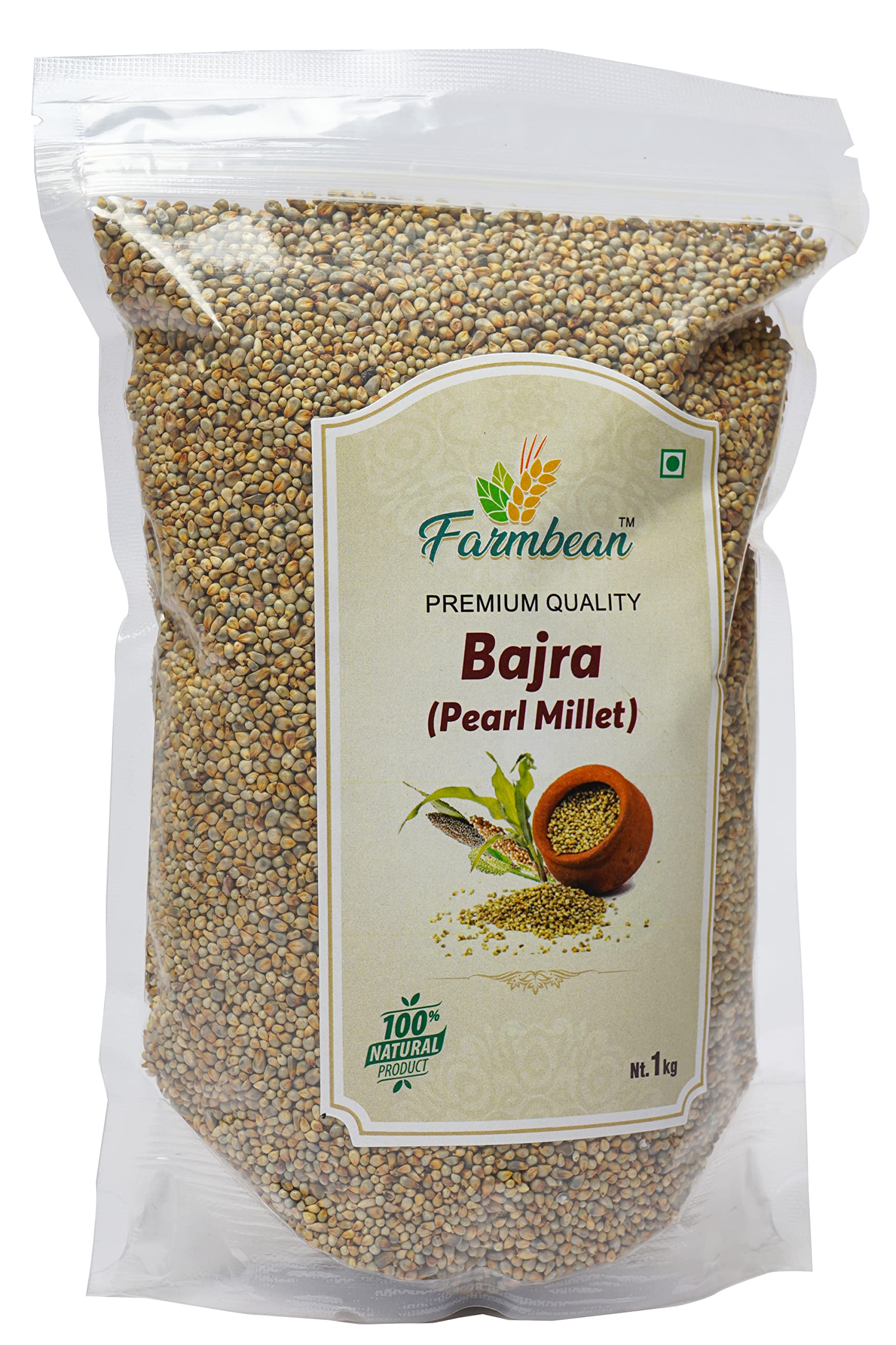 Farmbean Bajra Sabut (Pearl Millet Whole) 1 Kg Bajra Dalia, Healty Grains Dalia & Chemical Free & Pesticides Free & Healthy Alternative to Regular Daliya (FB-Bajra-1kg)