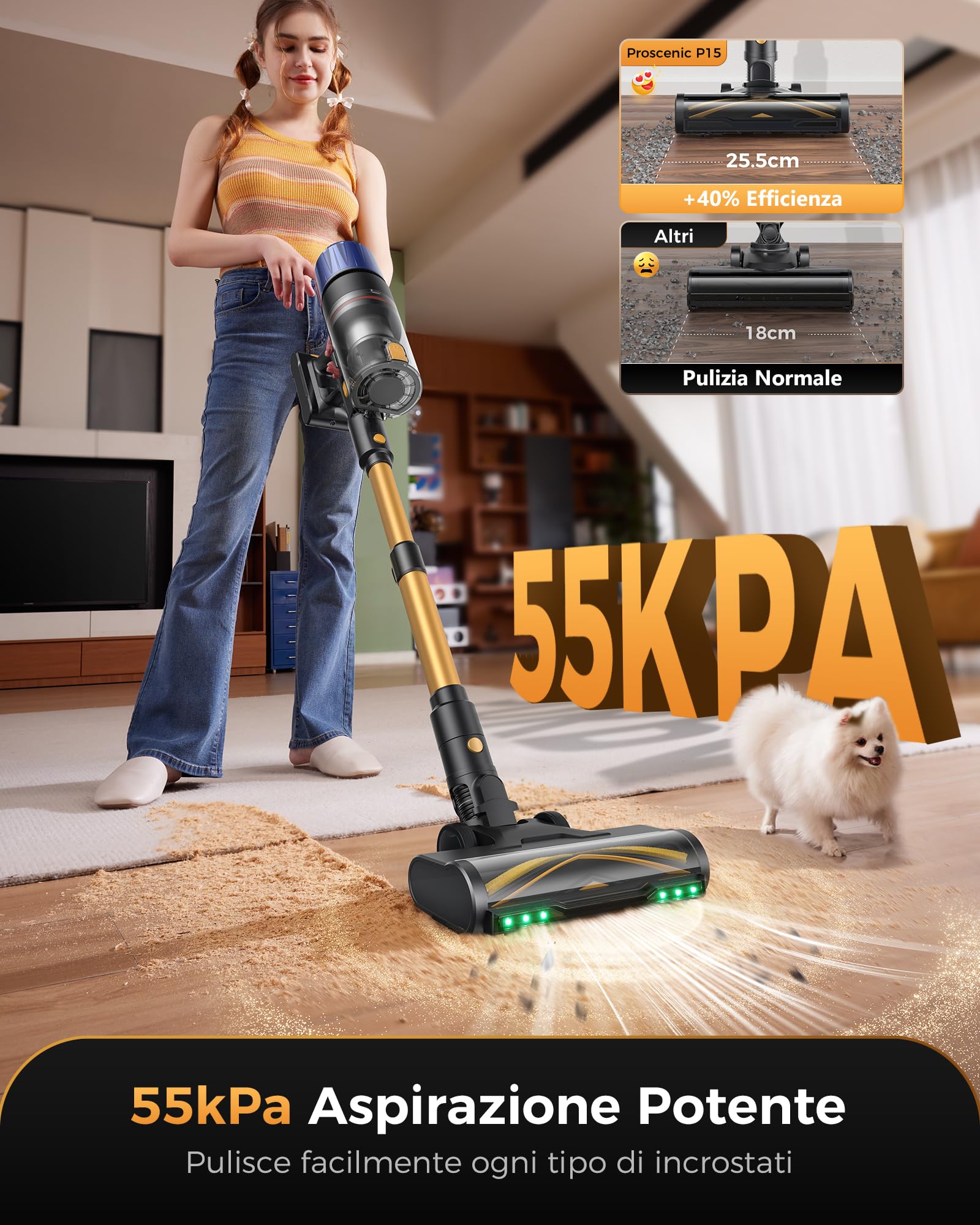Proscenic P15 Aspirapolvere Senza Fili, 580W/70 Min/55Kpa Scopa Elettrica Senza Fili Potente, Asta Telescopica Regolabile e Design Autoportante, Tecnologia GreenEye, per Pavimenti/Tappeti