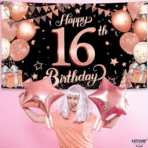 Miniatura 9 de KatchOn, Globos de oro rosa con el número 16, 40 pulgadas, paquete de 13, decoraciones de cumpleaños de dulces 16 para niñas