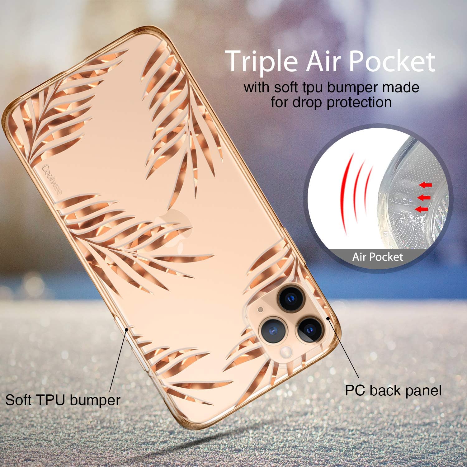 Coolwee Rose Gold Tropical Protective Compatible with iPhone 11 Pro [Anti Yellow] Slim Foil Clear Design Women Girls Men Hard Back Case Soft TPU Bumper Cover for Apple iPhone 11 Pro 5.8 inch