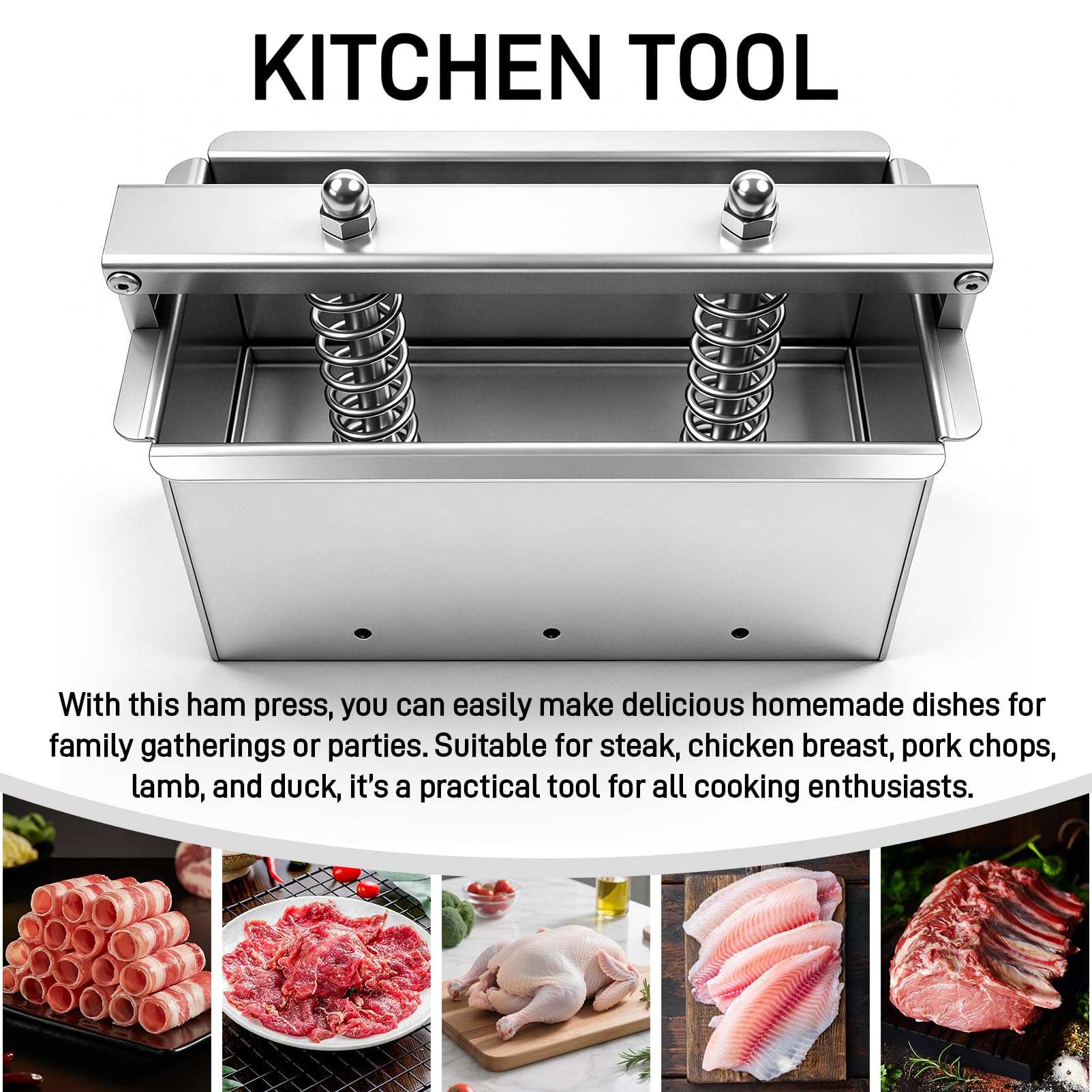 Prensa de carne de acero inoxidable 304, prensa casera de jamón con base extraíble, prensa rectangular para 1 kg de carne, práctica herramienta de cocina para carne, pecho, pechuga de pollo, rollo de