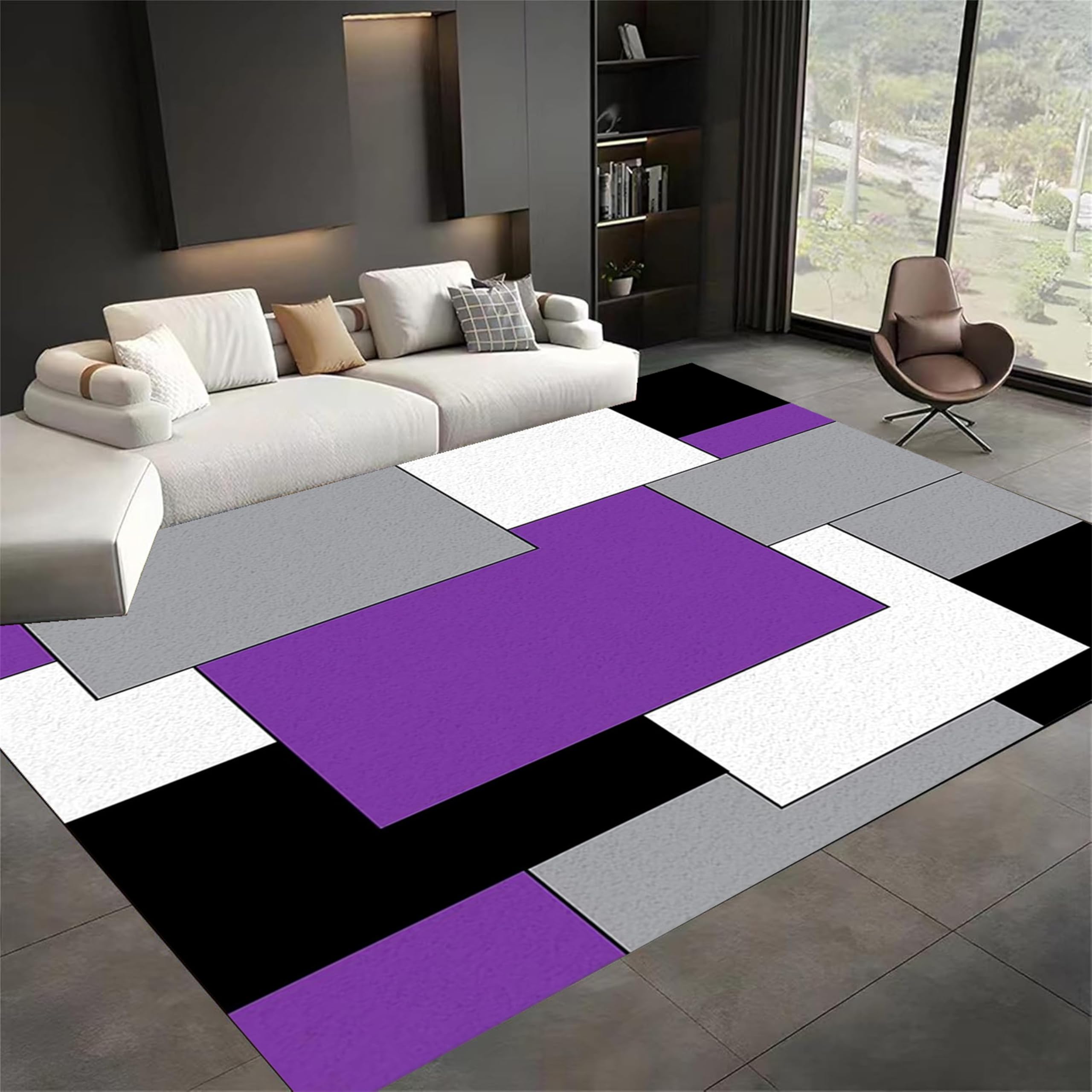 Modern Geometric Area Rug 3x4ft Purple and Black Geometric Print Rug Bring Rubber Backing Floor Mats Suitable for Living Room Bedroom Non-Slip Floor