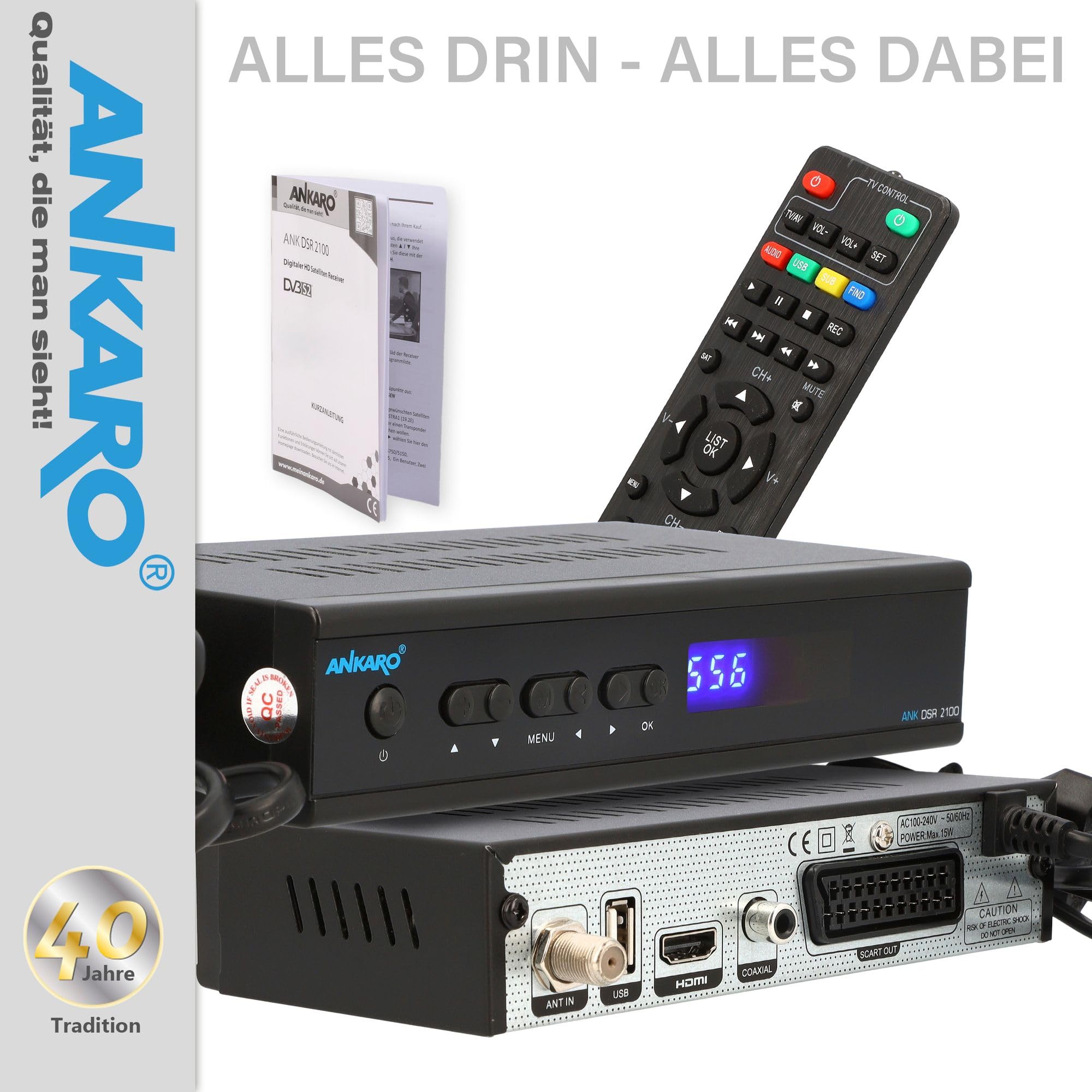 Ankaro 2100 DSR HD Sat Receiver mit PVR Aufnahmefunktion für Satellitenschüssel, AAC-LC Audio, Einkabel tauglich, HDMI,SCART, KOAXIAL, USB 2.0, Timeshift, Receiver für Sat Fernsehen + HDMI Kabel