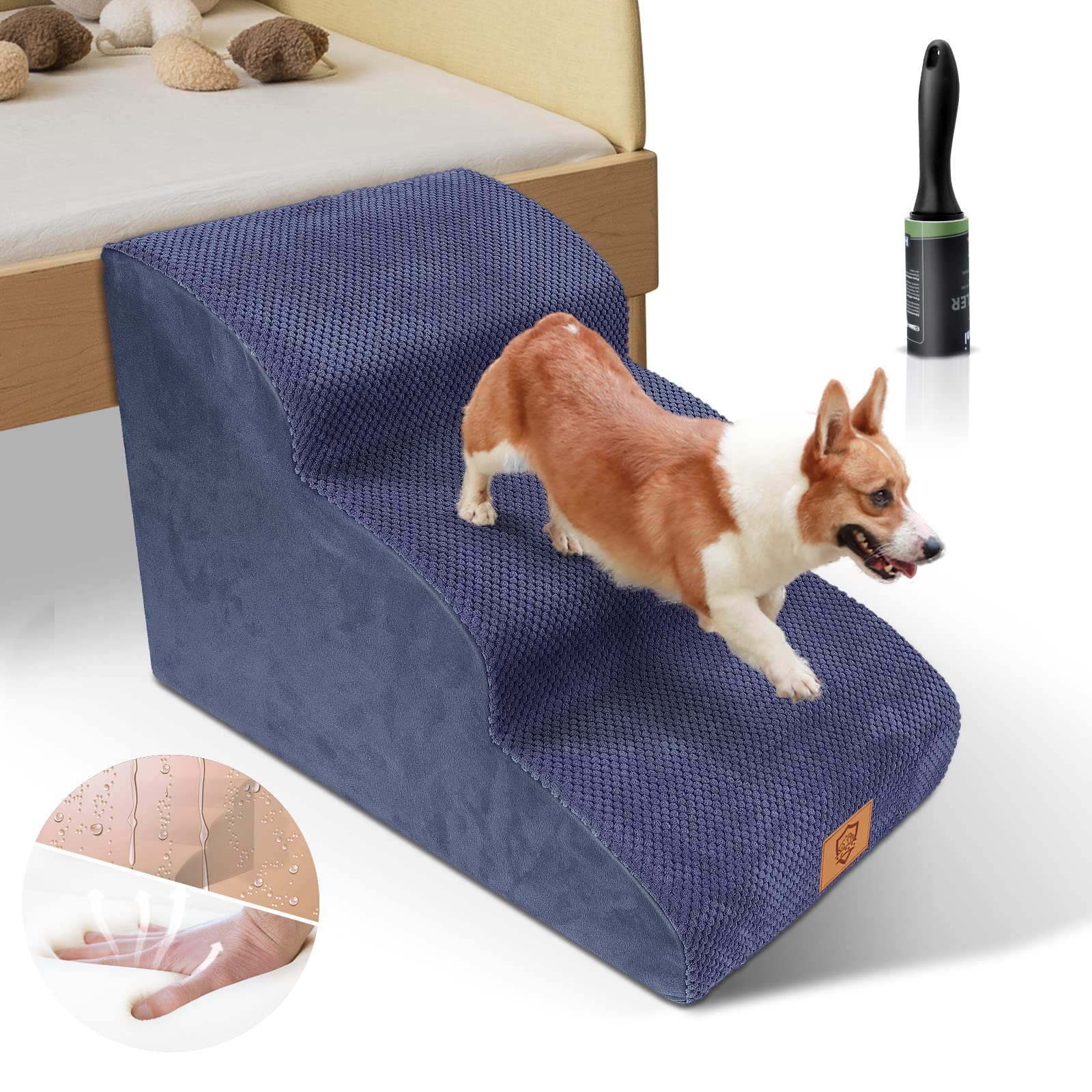 Myiosus Escalera para Perros de 3 Peldaños, Escalera para Mascotas de Espuma para Perros Pequeños y Gatos, Rampa para Perros con Funda Lavable