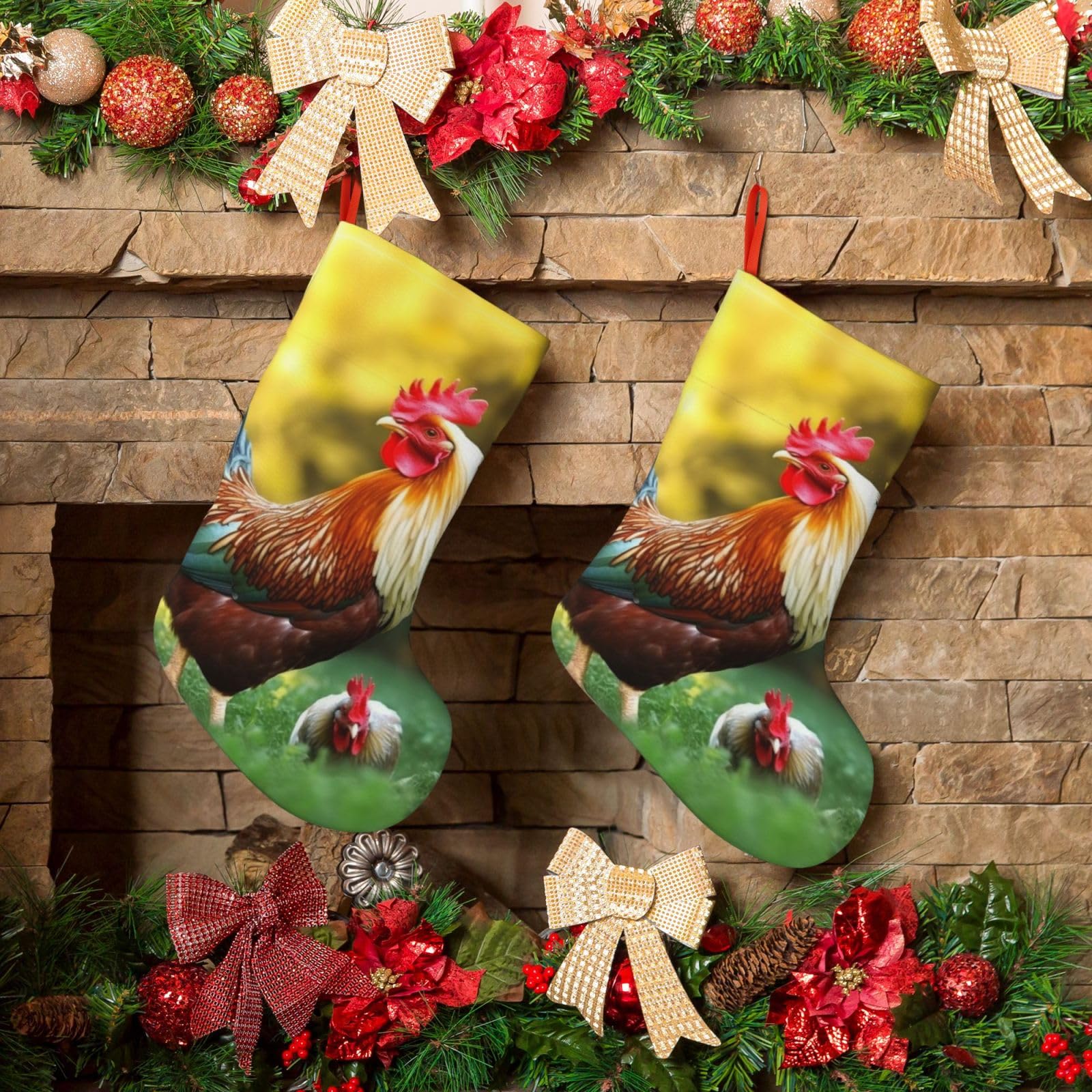 KLOPH Christmas Stockings 18" Personalized Xmas Stocking Beautiful Rooster Hen Decoration Stocking Hanging Fireplace Stocking for Holiday Xmas Tree Christmas Fireplace Decor