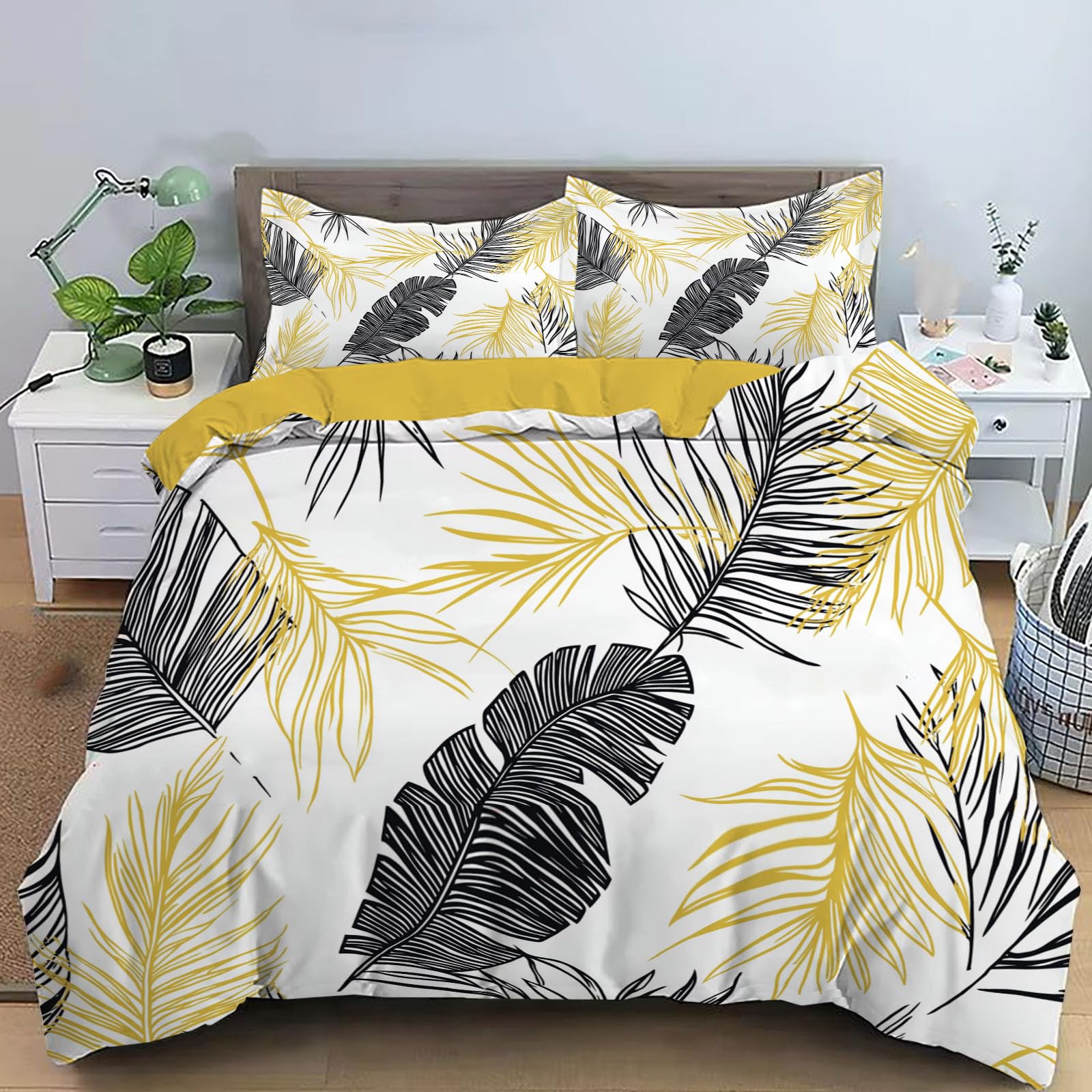 Housse de couette 140x200 bananier curcuma réversible en microfibre pour lit 1 personne