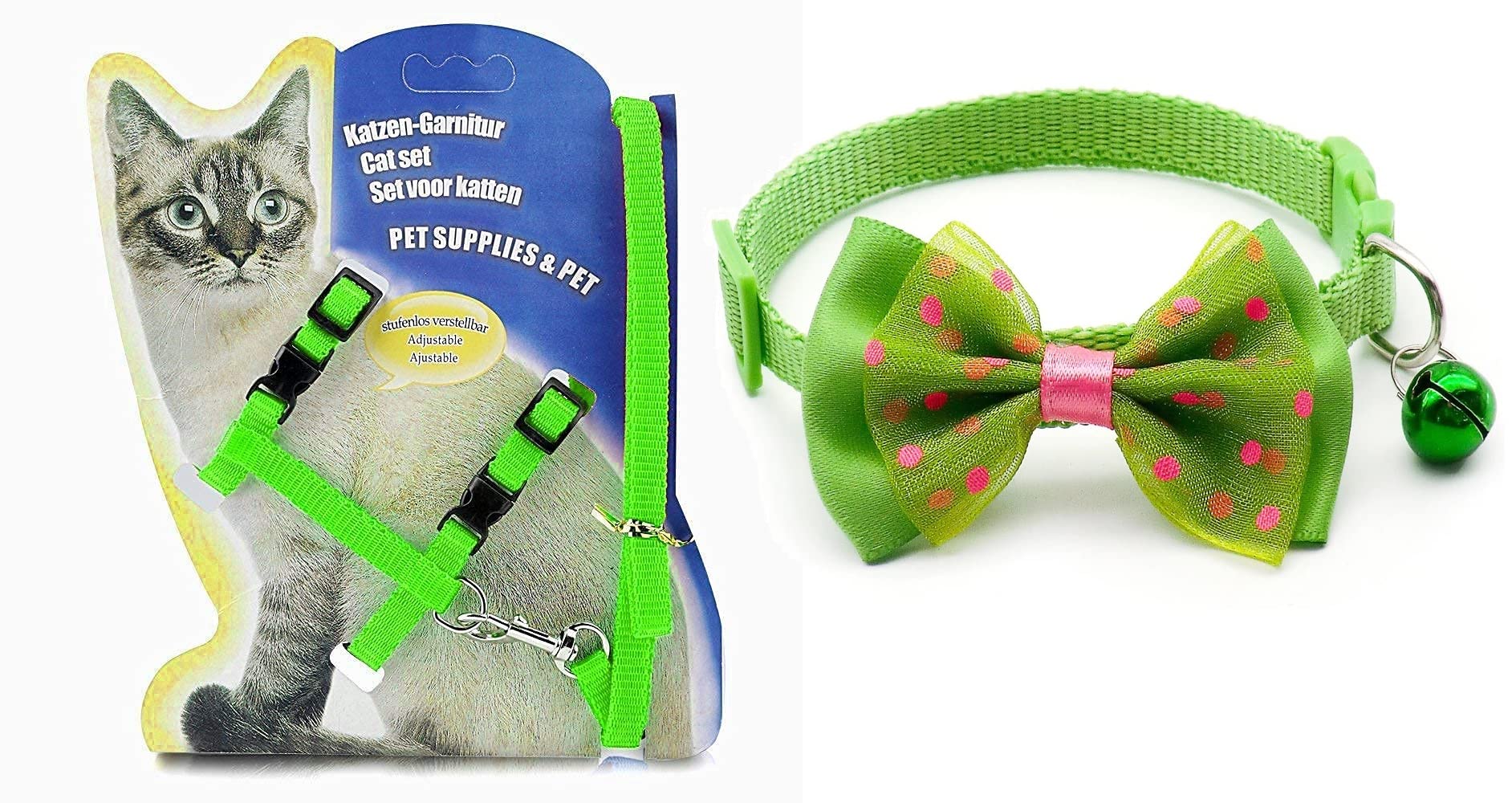RvPaws Nylon Cat Collars with Bow Tie and Bell 1Pcs Adjustable Cat Harness Leash Nylon Set 10mm Puppy Kitten Or Certain Puppies Necktie Collar, Pack of 2 (Green Color) (B0B9K8SWRT) Amazon Price History, Amazon Price Tracker