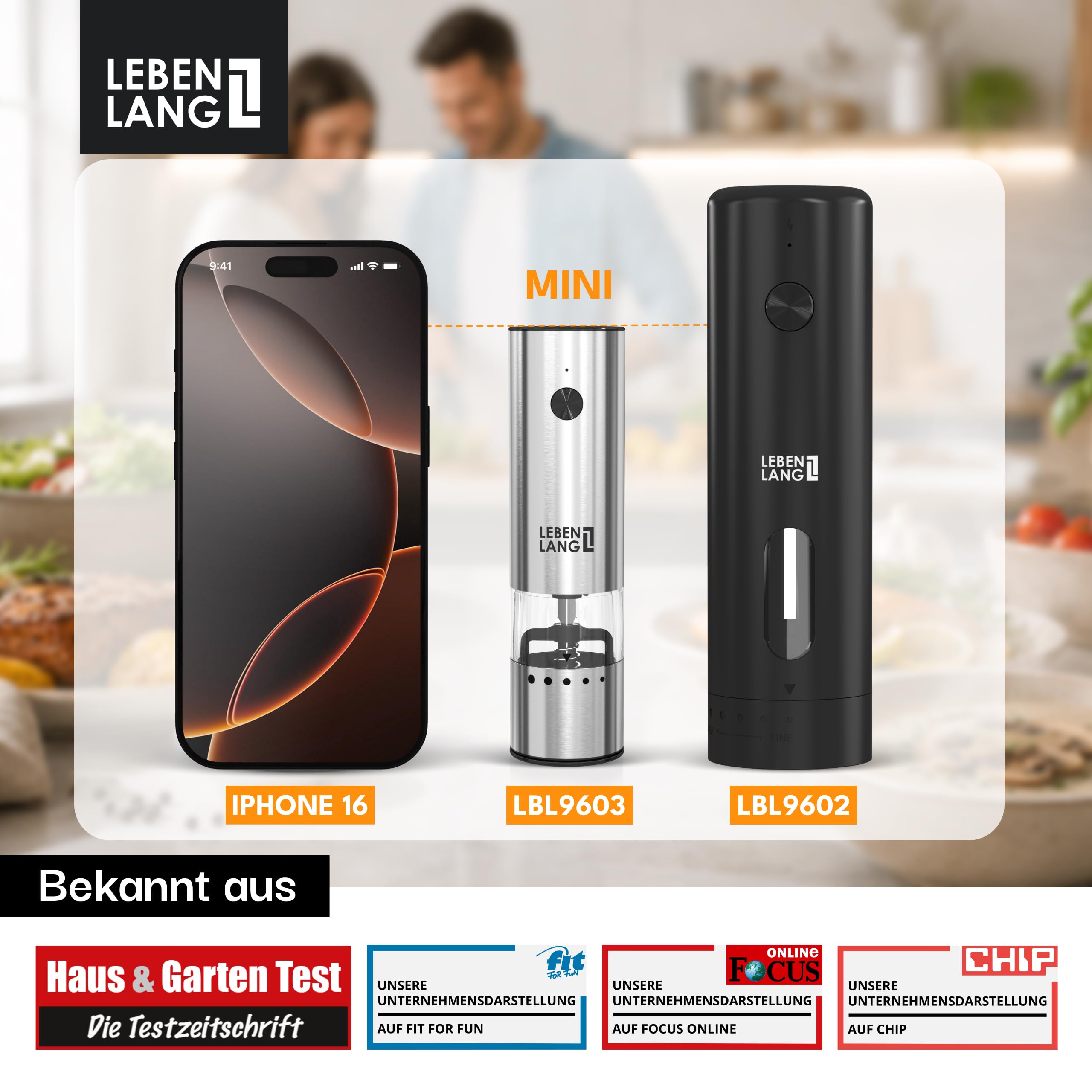 LEBENLANG Mini Salz und Pfeffermühle Elektrisch - 300mAh & 30ml I 1er Set