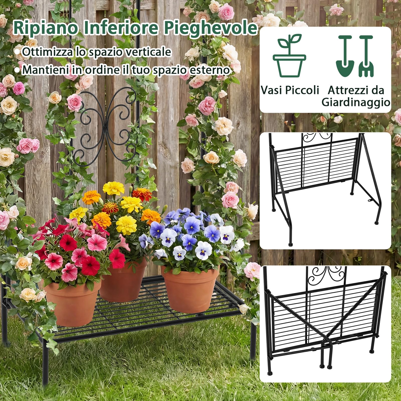 COSTWAY Traliccio per Rampicanti Metallo con Ripiano Pieghevole, Graticcio per Piante da Esterno, Griglia per Piante Rampicanti per Giardino, Cortile e Patio, 50 x 30 x 189,5 cm (Nero,1)