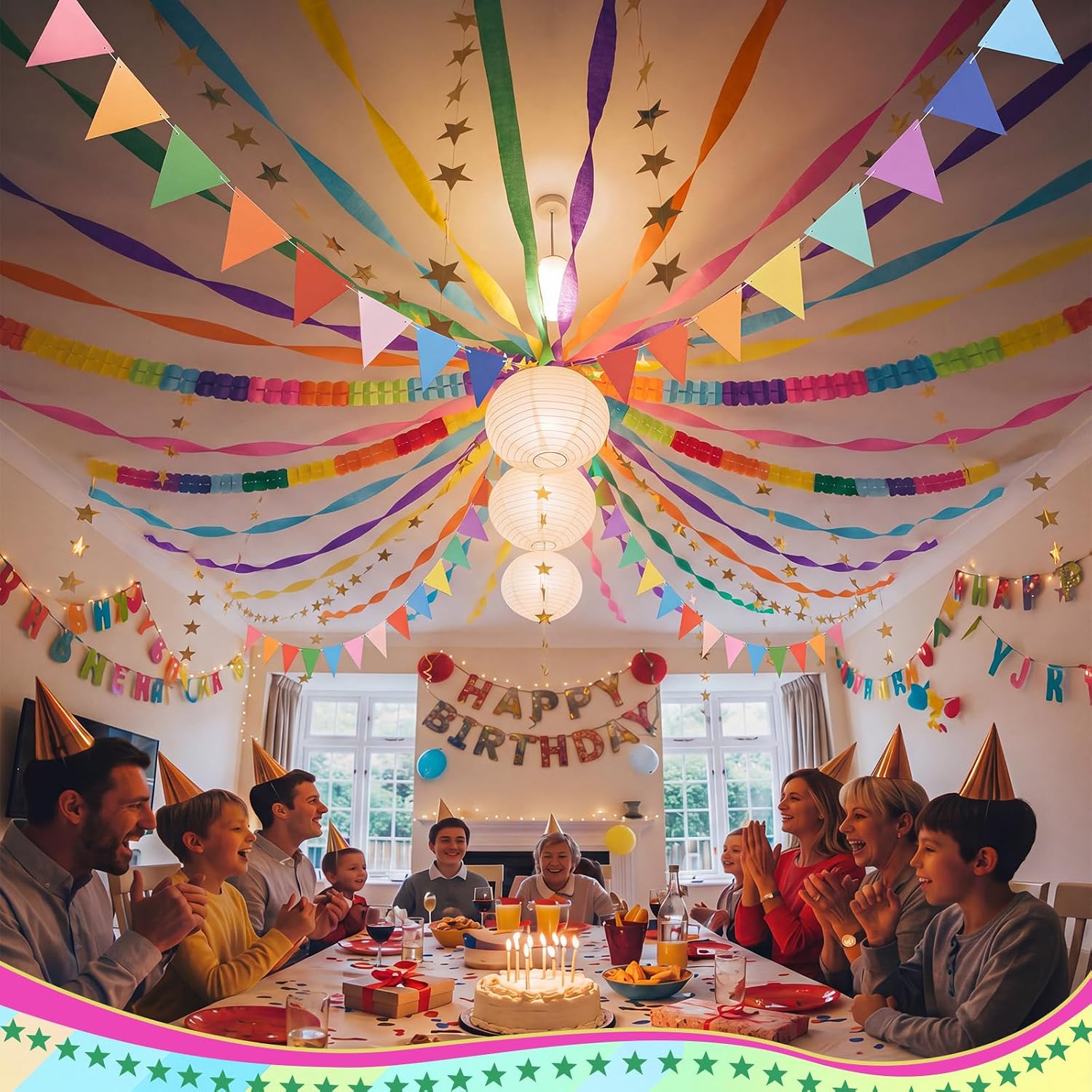 Frienda 18 Pcs Rainbow Party Decoration Set Colorful Crepe Paper Streamer Garland Pennant Banner Flag Golden Star Garland Backdrop for Wedding Birthday Fancy Party Decor(Rainbow Color)
