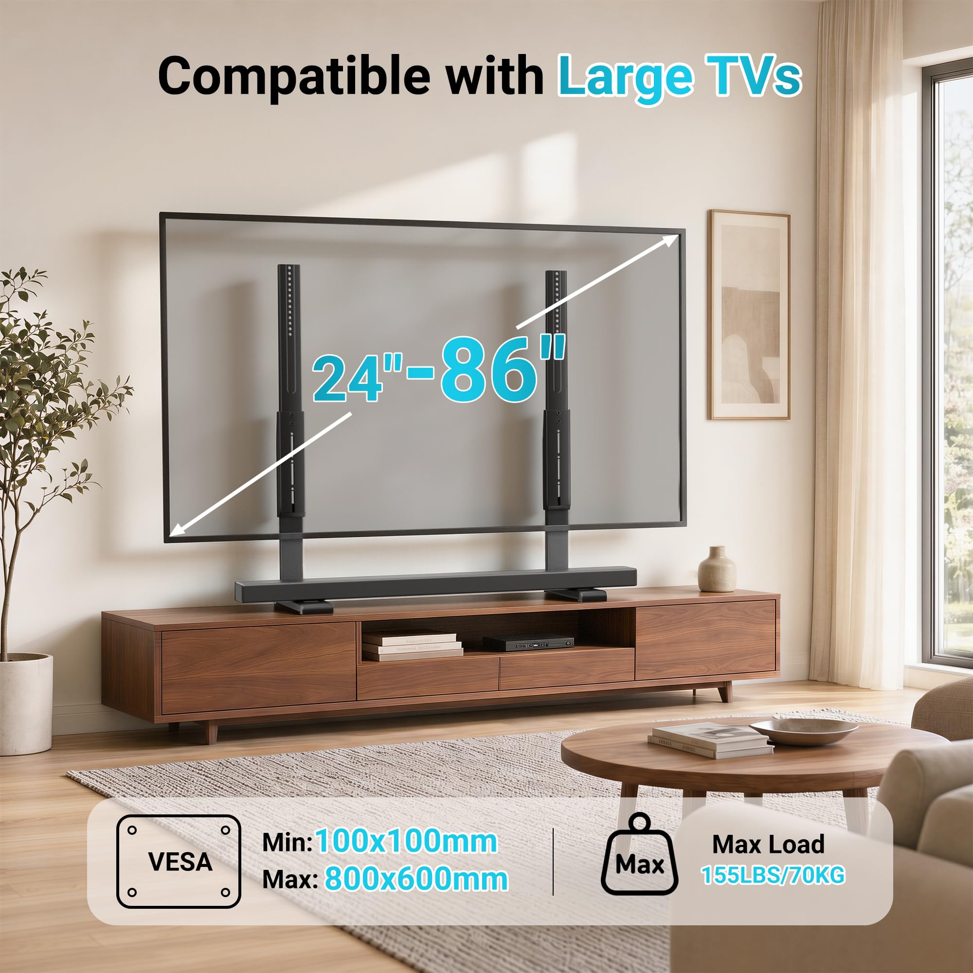 BONTEC Supporto TV Universale da Tavolo e Pavimento 24-86 Pollici | 70 kg, VESA 100x100-800x600 mm, 7 Altezze, Cinghia Antiribaltamento, Piedi Nascosti