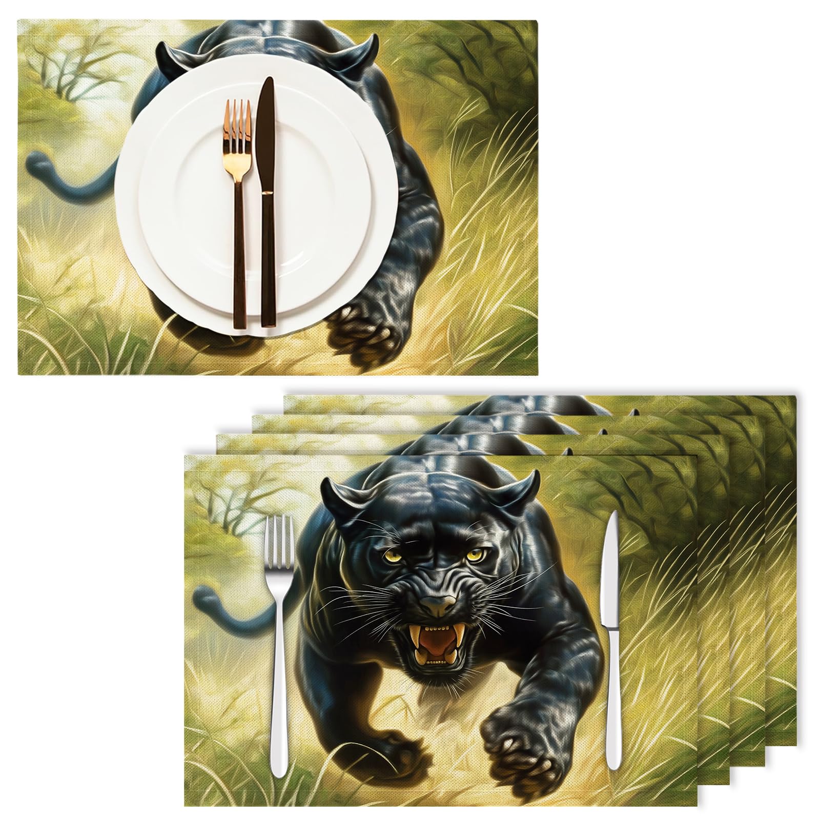 Tovaglietta Americana Animali retrò in Cotone Lino Rettangolare - Tovagliette Set di 8 Pantera nera nell'erba Resistente al Calore per La Cucina, Il L'Ufficio, 30 x 45cm