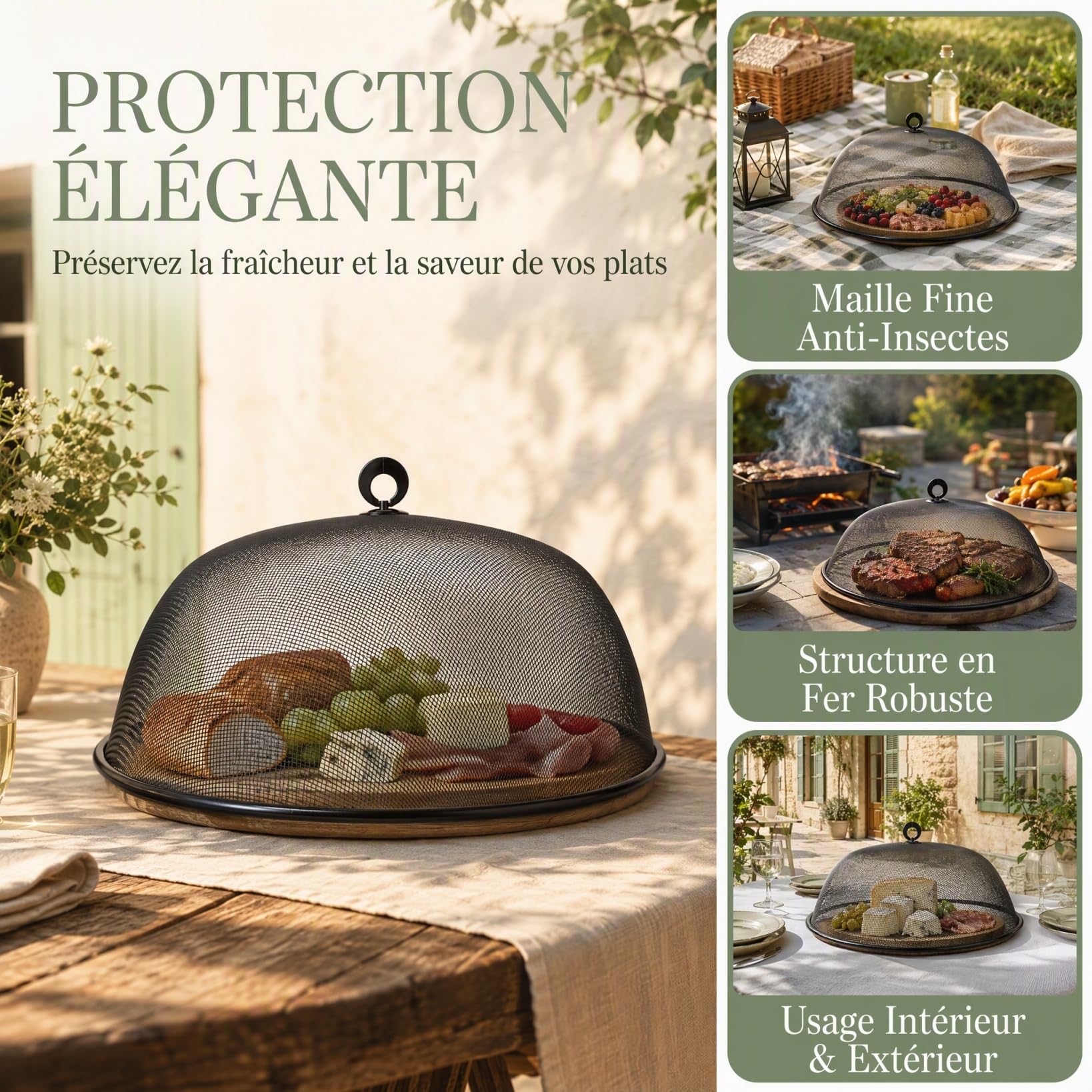 Toyvian - Campana de comida de metal redonda (40 Cm, tapa de malla metálica negra, protección antiinsectos, reutilizable, cocina y comidas al aire libre, tapa de plato versátil