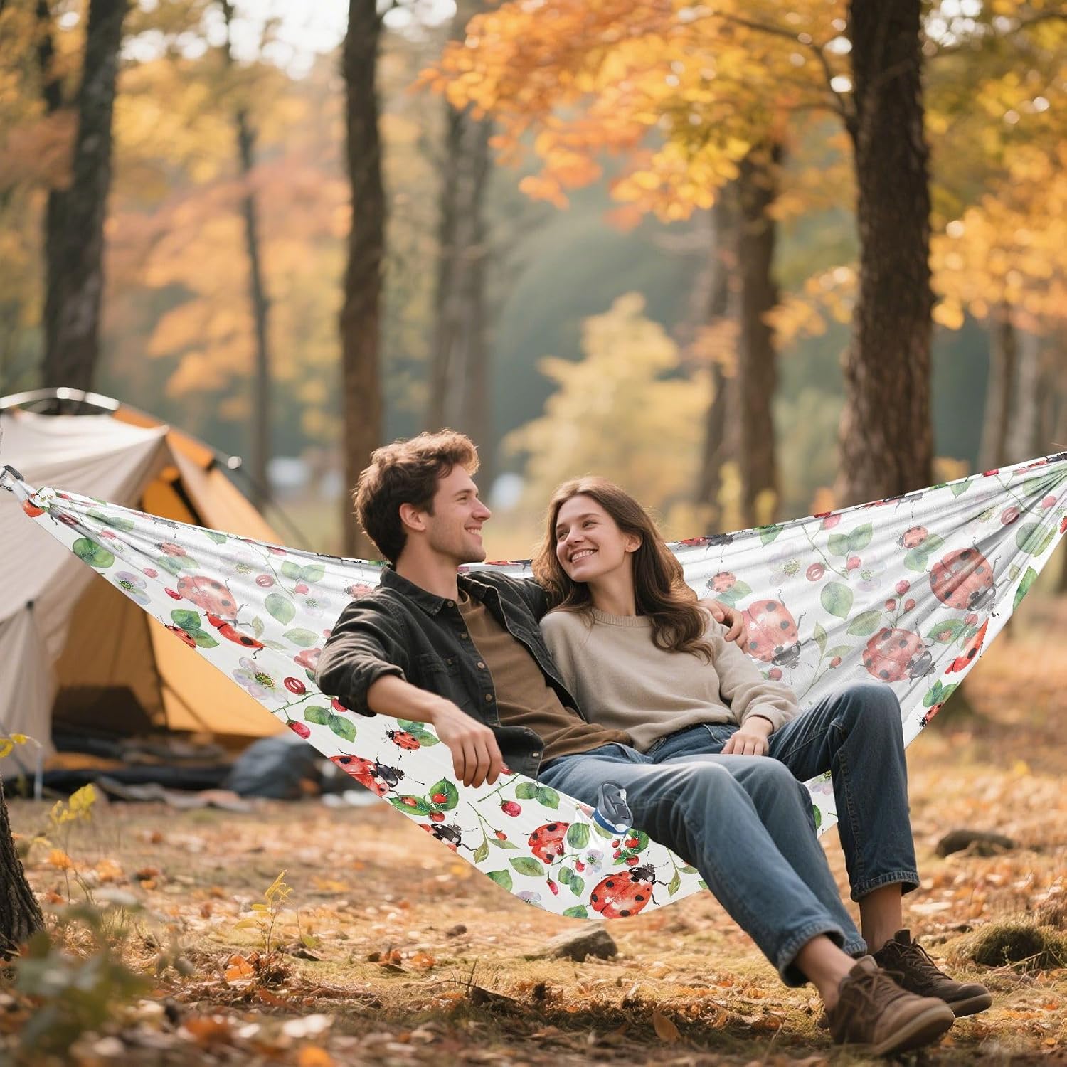 ALAZA Lady Bug Flower Leaf Camping Hammocks Single or 2 Person 500 lbs Portable Parachute Travel Hammock w/Tree Straps for Hiking Backpacking Indoor Outdoor