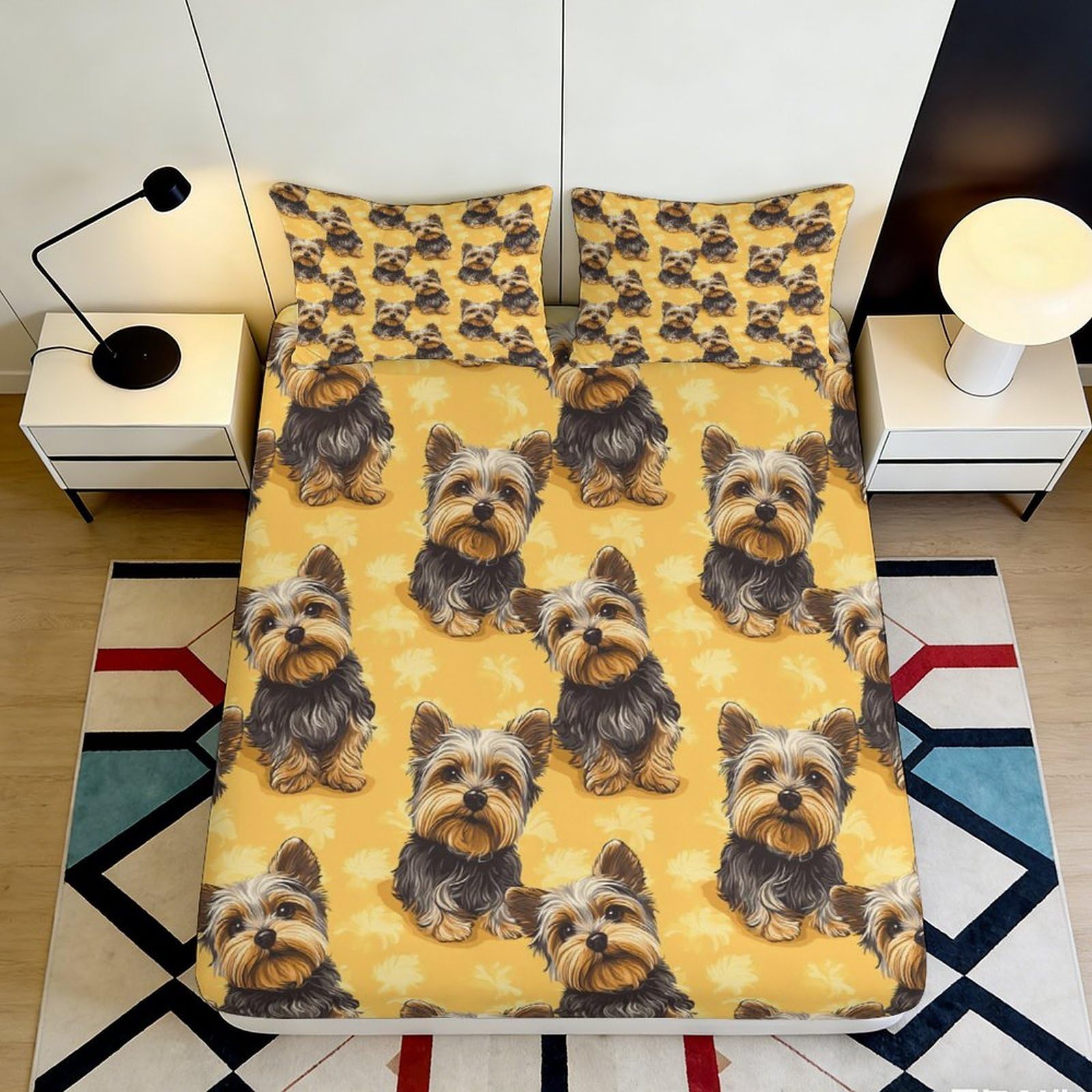 Pnayamiorkfel Style-2 3D Printed Yorkshire Terrier Dog Fitted Sheet Microfiber Yellow Cartoon Bed Cover For Bedroom Guest Room Mattress Protection 90X200x25cm