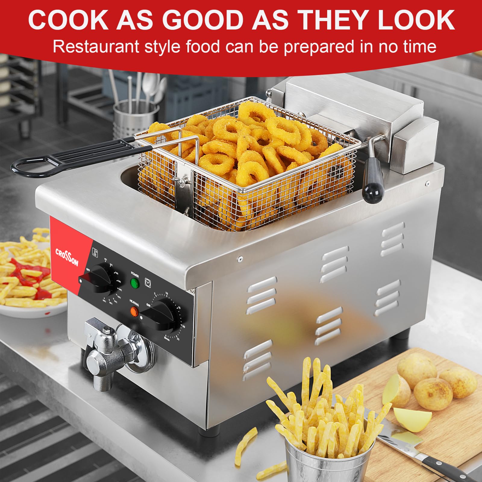 CROSSON Elektrische Fritteuse mit öl 6L, Kommerzielle Elektrische Fritteuse aus Edelstahl mit Ablaufhahn,Timer,Temperaturkontrolle 80-200°C,3000W