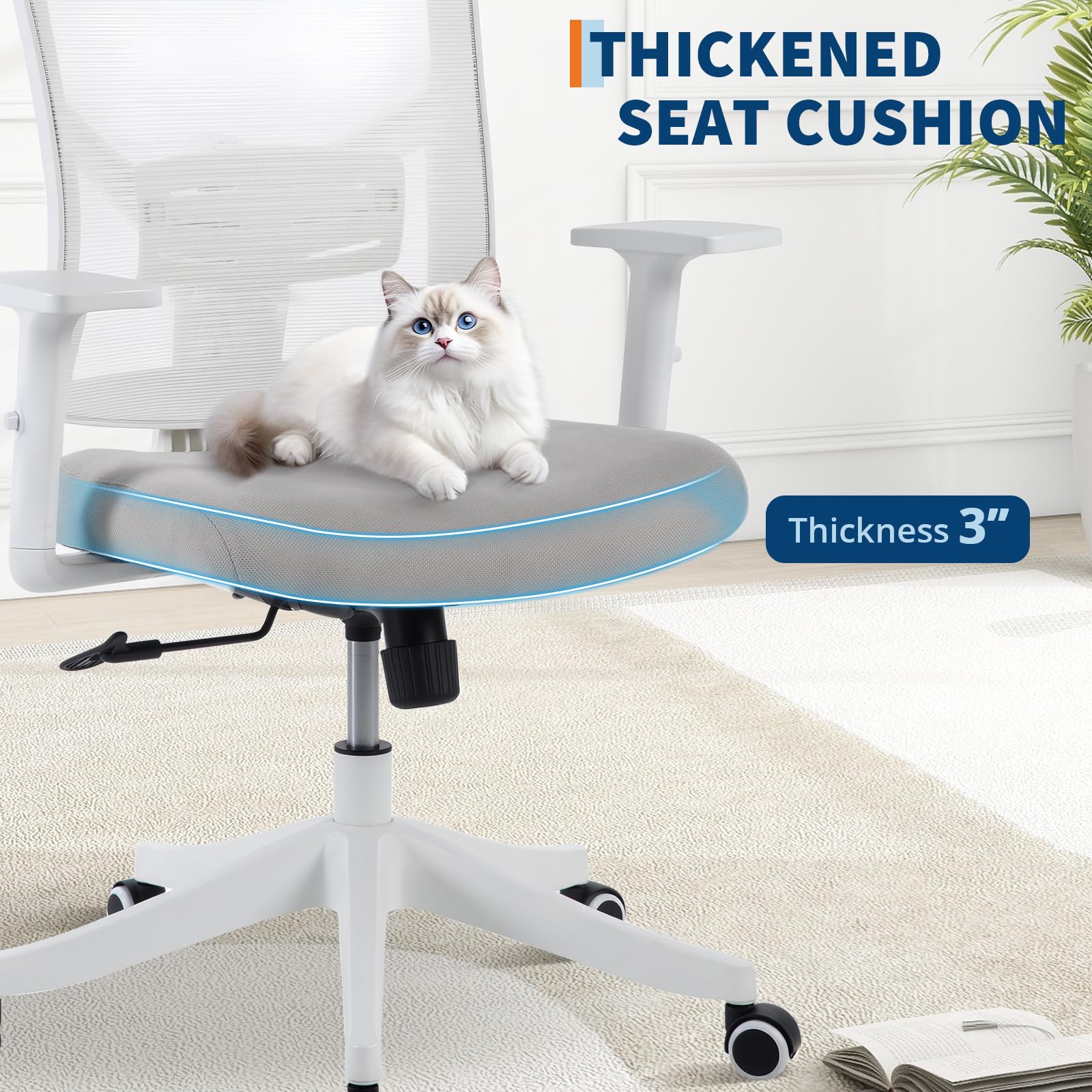 Silla de Oficina ergonómica de Respaldo Alto – Malla Transpirable – Reposacabezas y Soporte Lumbar Ajustables – Brazos abatibles – Respaldo reclinable y Base giratoria – Marco Blanco/Malla Gris