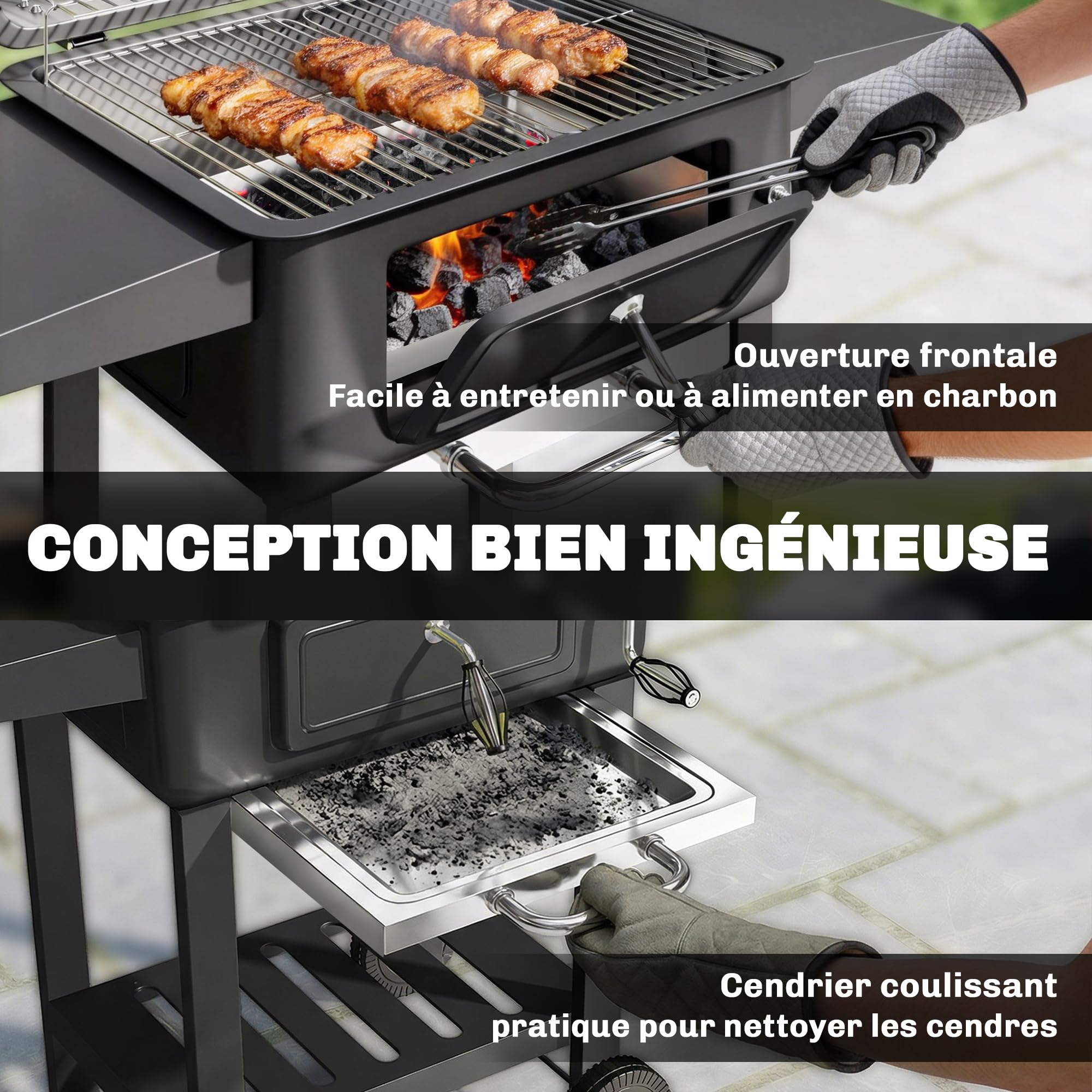 Outsunny Barbecue Charbon de Bois XXL 112cm, Couvercle Fumoir à 600°C, Noir | Thermomètre, Chariot Grill de Jardin, Bac à Charbon, Évents Ajustables, Porte de Ravitaillement