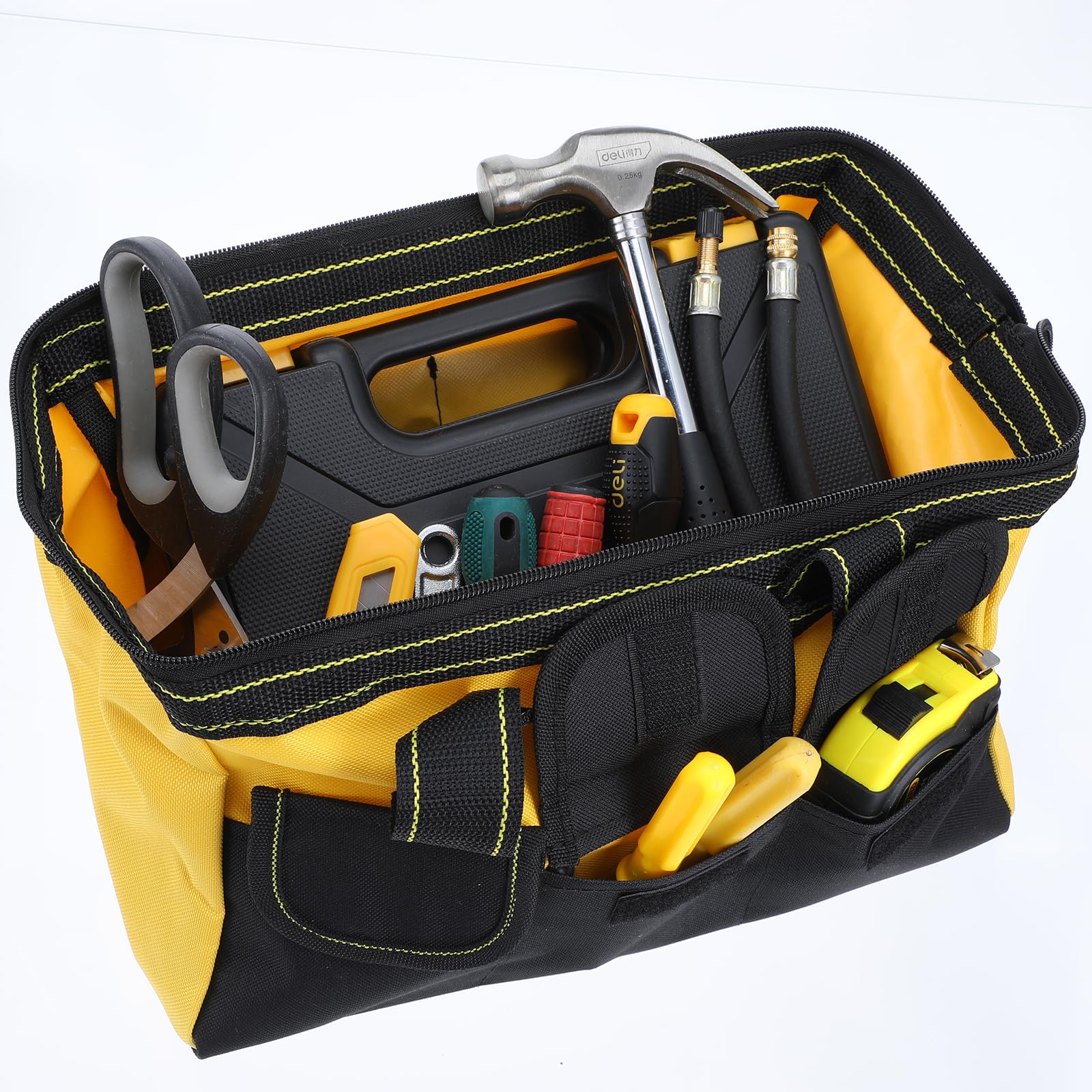 Paquete de 3 bolsas de herramientas de 13 pulgadas, bolsa de herramientas de boca ancha con base impermeable, organizador de bolsas de almacenamiento de herramientas resistente para varias