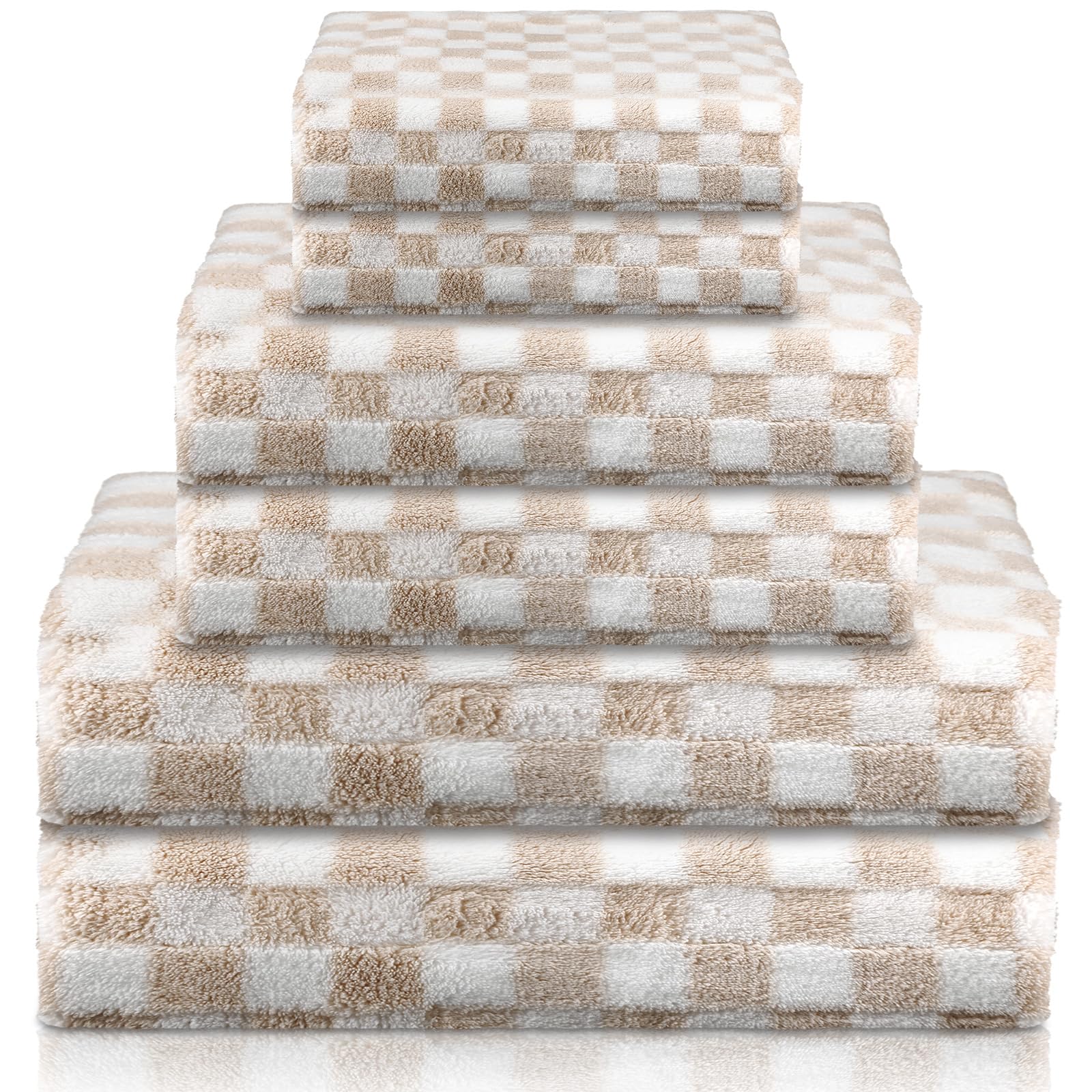 Kinlop 6 Pcs Checkered Bath Towels Set Coral Washcloth Quick Dry Patterned Thin Coral Fleece Hand Towel for Bathroom Back to School Gym Spa Beach