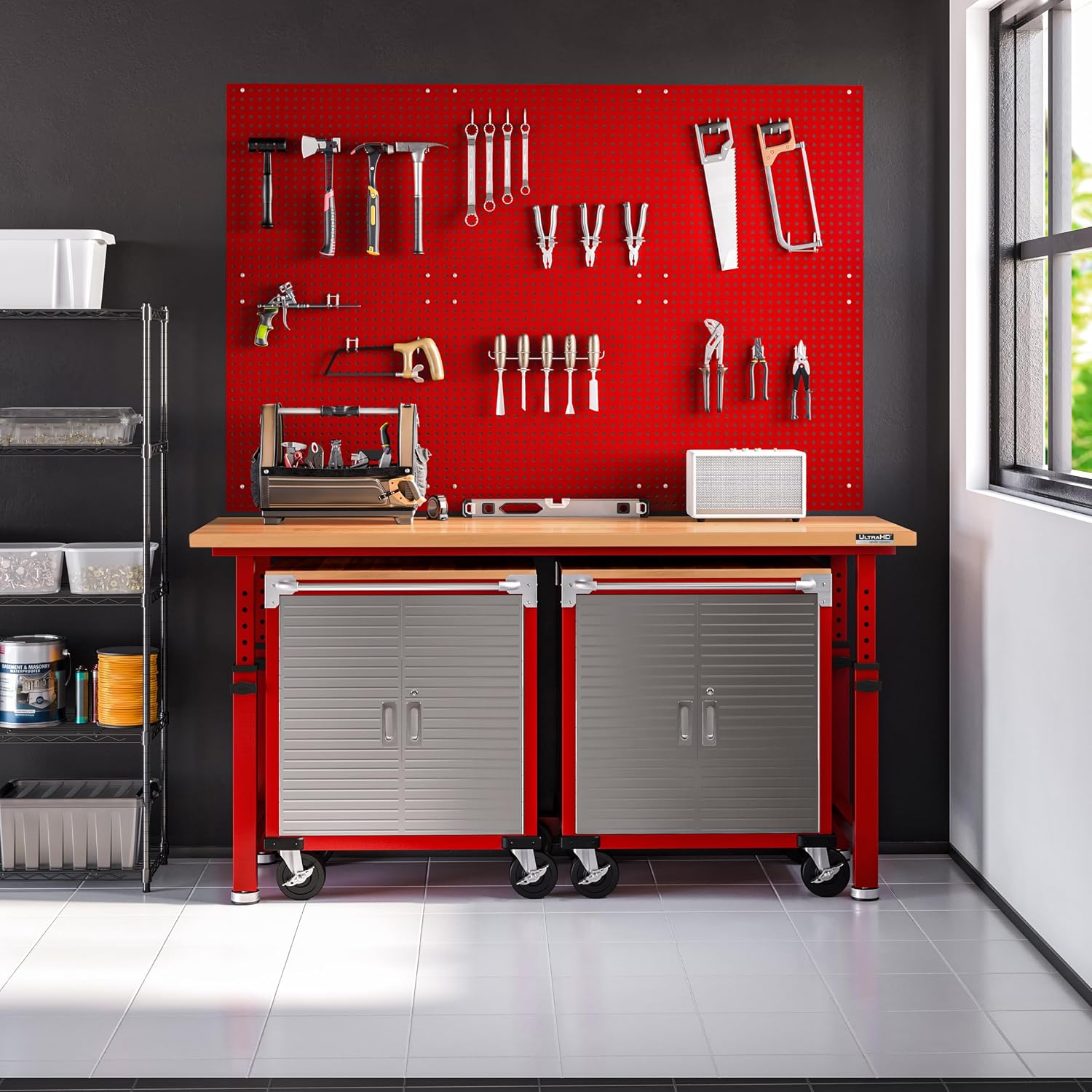 Seville Classics UltraHD Rolling Cabinet Workbench Table with tools on top