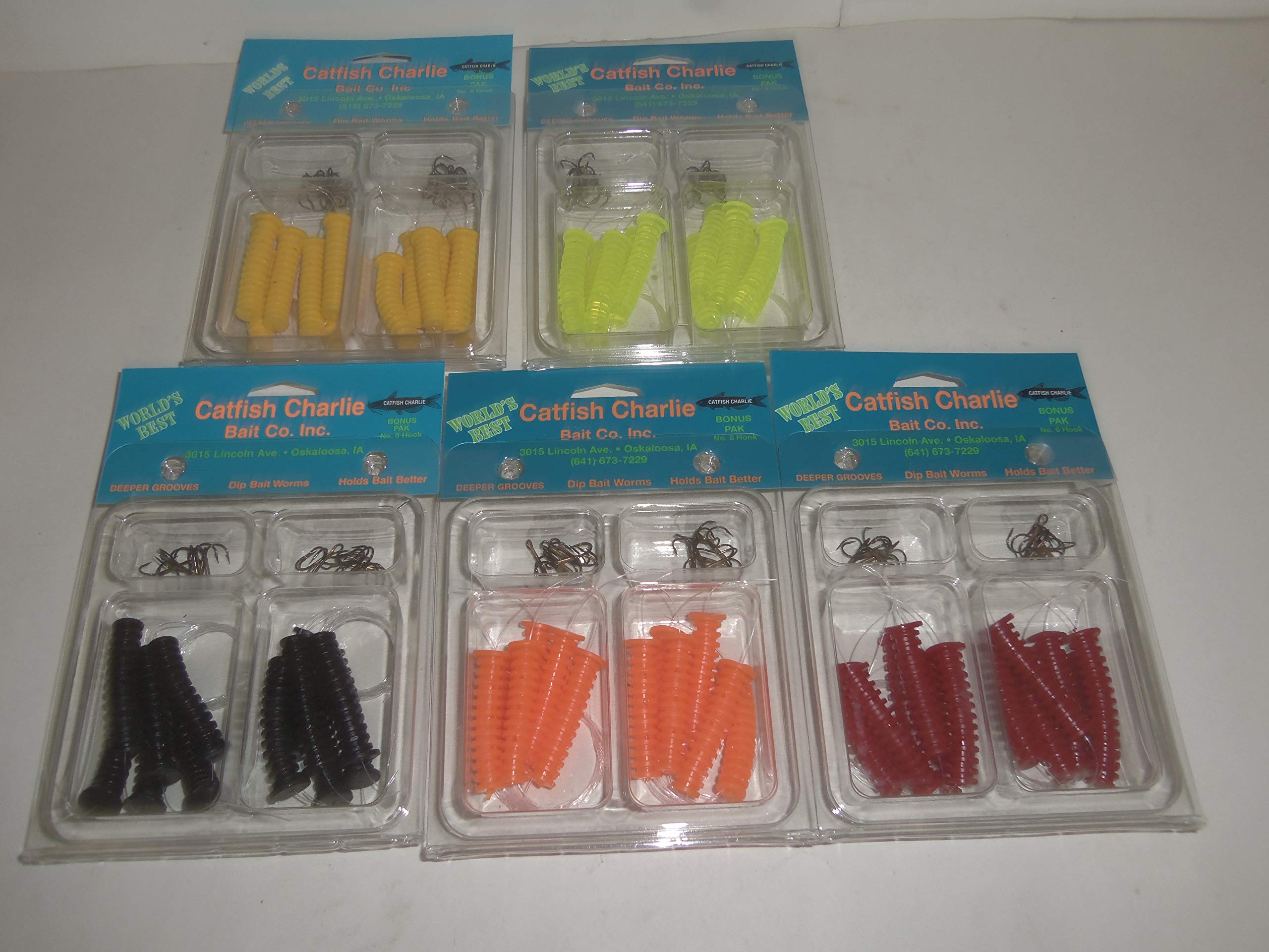 Catfish Charlie Dip Bait Worms, 5 Piece Variety (12 Packs), Red, Orange, Yellow, Chartreuse, & Black : Sports & Outdoors