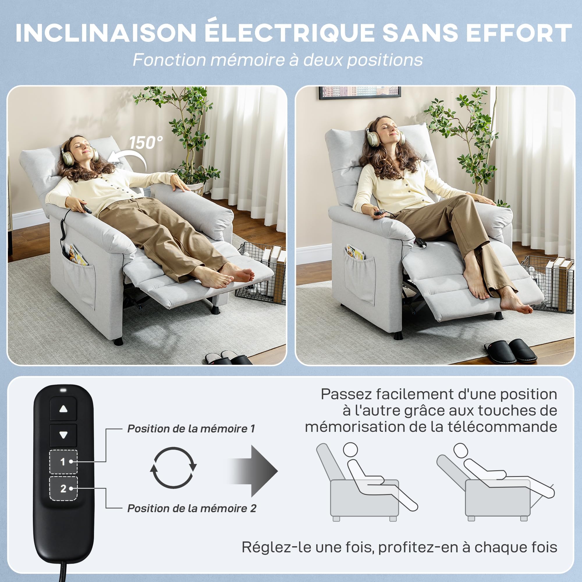 HOMCOM Elektrischer Massage-Heiz-Sessel Samt Hellgrau