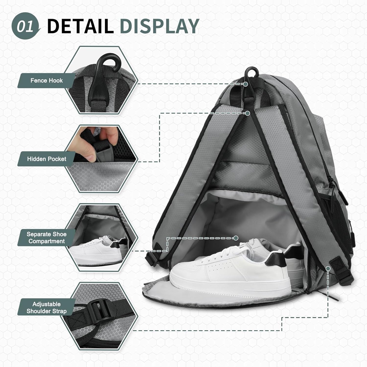 Tennis Backpack for Rackets, Waterproof Tennis Bag with Shoe Compartment, Wet/Dry Pocket, Fence Hook, for Tennis, Pickleball, Badminton - Image 4
