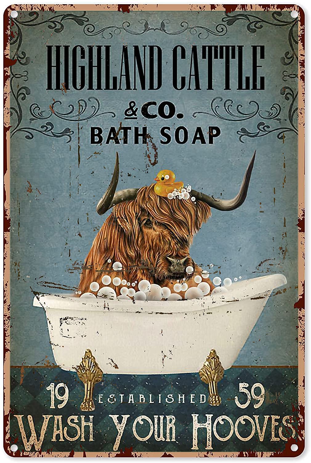 CTH8735 Highland Cow Wall Decor Bath Soap Highland Cattle Cow Wash Your Hooves Metal Sign Decor Tin Aluminum Sign Wall Art Metal Poster 8x6Inch, Multicolor