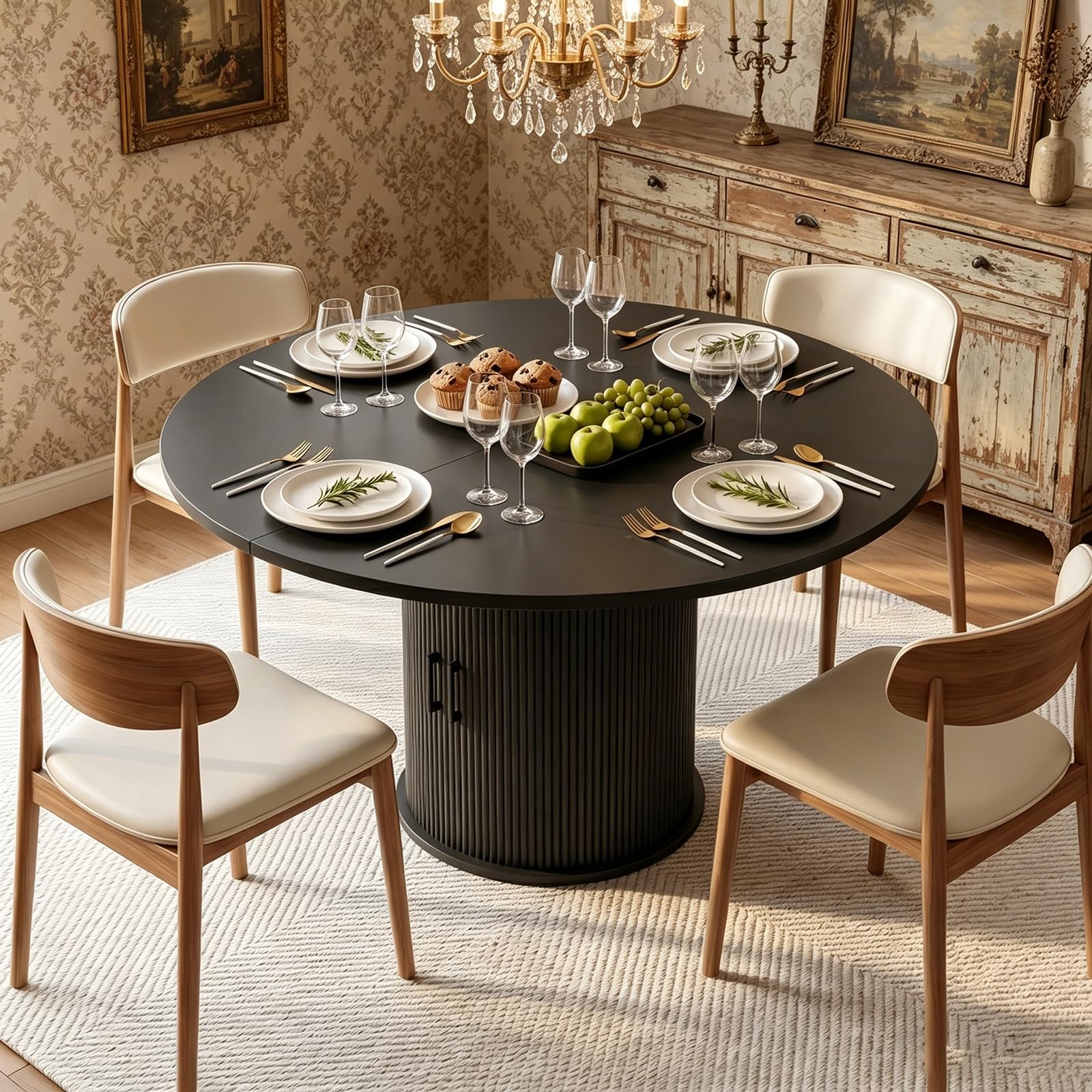 Runder Esstisch 118cm für 4-6 Personen, geriffelter Sockel, Küchen- & Esszimmertisch, platzsparend für kleine Räume, Schwarz