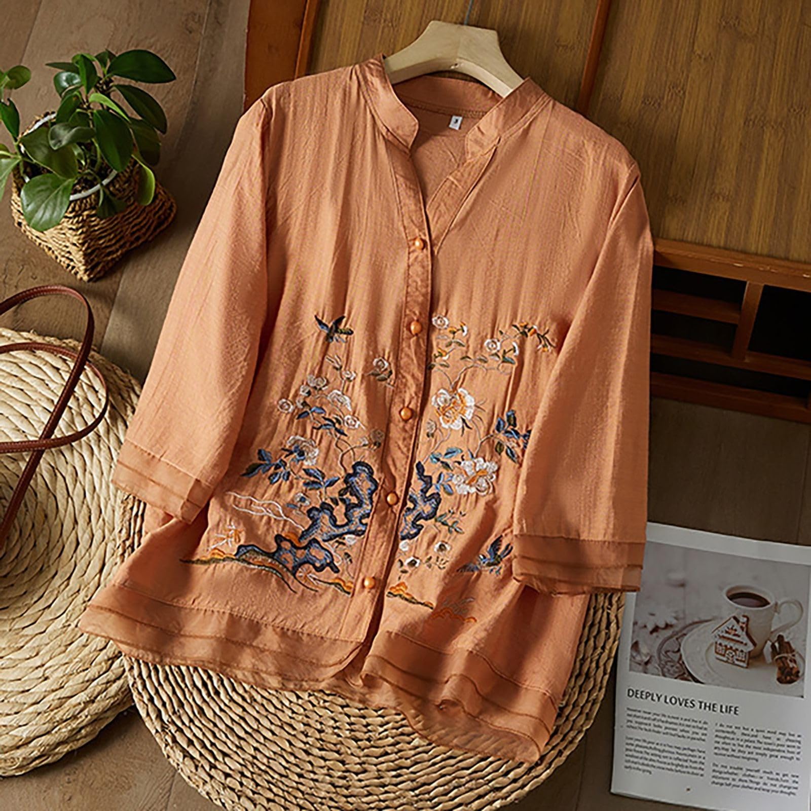 Linen Tops for Women Retro Embroidered Tunic Flowy 3/4 Sleeve Boho Shirts Casual Dressy Peasant Gauze Blouse