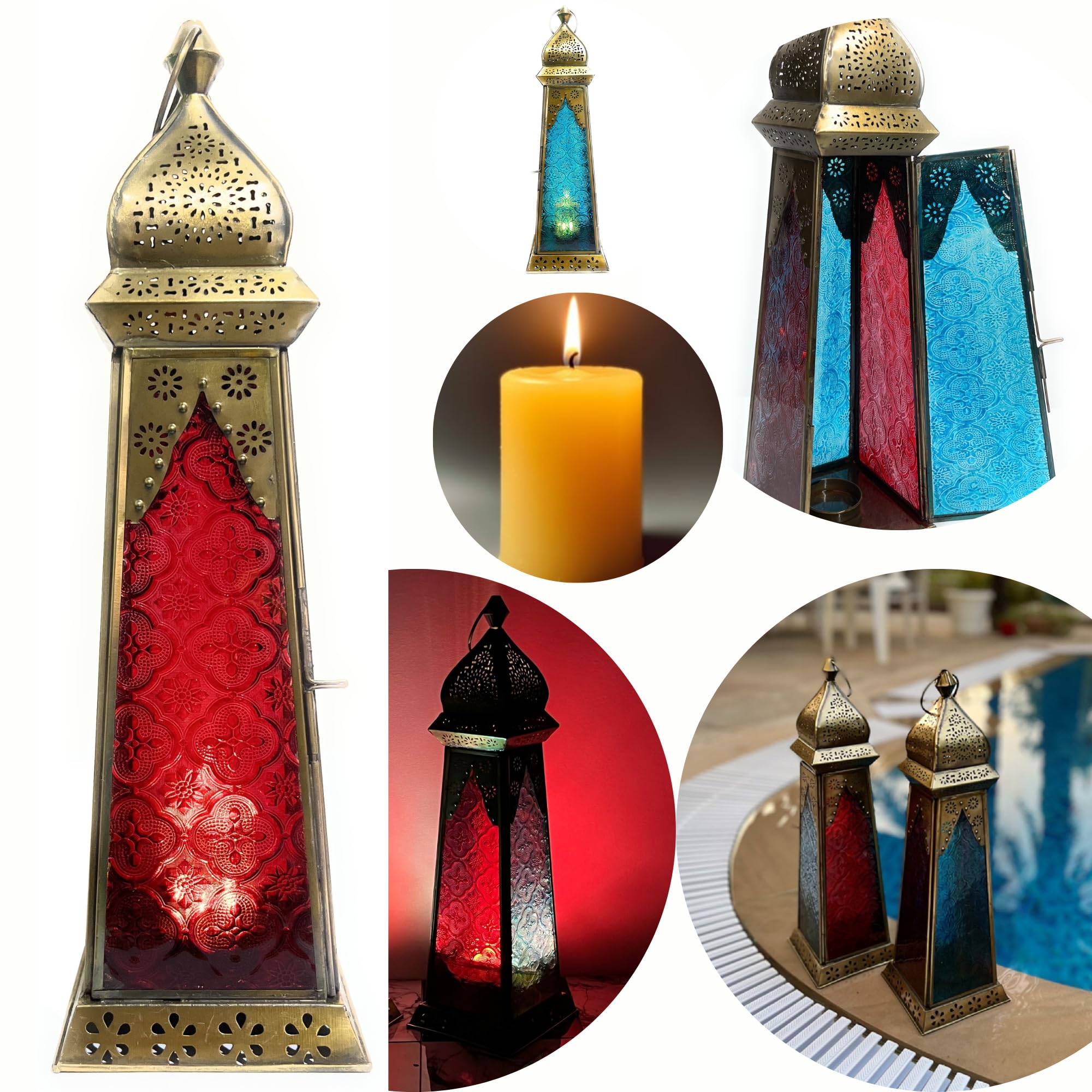Souq DESIGNSRamadan Lantern - Large fanoos Arabic Moroccan Lanterns for Indoor & Outdoor Hanging Gold Tealight Candle Holder Home Décor Metal Lanterns for Garden Floor 1 pc (Red Blue)
