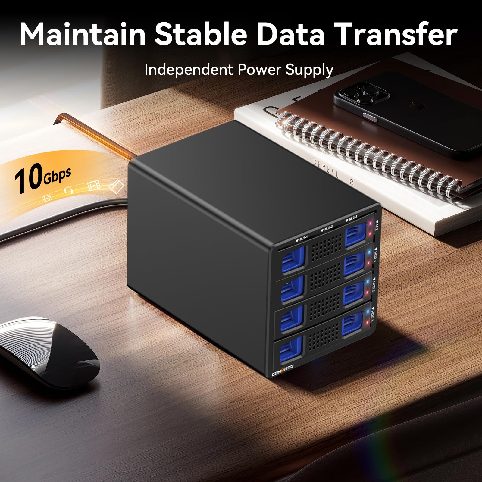 CENMATE Obudowa dysku twardego hybrydowa 3 x 3,5 HDD + 3 x obudowa M.2 NVMe z wentylatorem do 2,5/3,5 cala SATA HDD/SSD i M Key/B+M Key 2230/42/60/80/110 M.2 SSD, kabel USB A/C 3.2, obudowa HDD 3.5