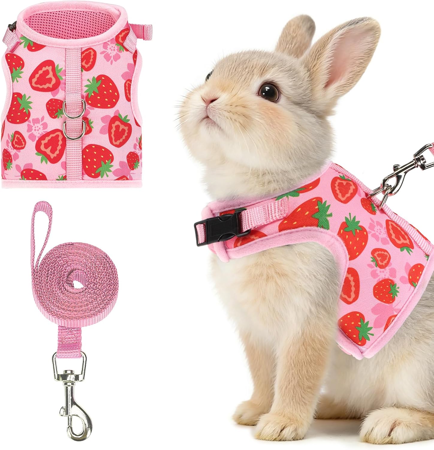 PUPTECK Bunny Rabbit Harness and Leash Set, Escape Proof Adjustable Small Pet Harness, Soft Breathable Mesh Vest Bunny Outfit, for Kitten Puppy Ferret Walking Accessories, Strawberry M