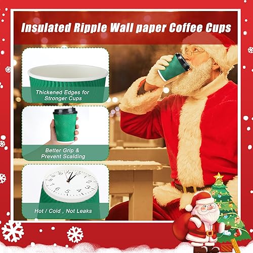 Miniatura 3 de Paquete de 120 tazas de café desechables de 12 onzas con tapas y pajitas para agitar, taza de café de papel ondulado aislado de Navidad para fiestas