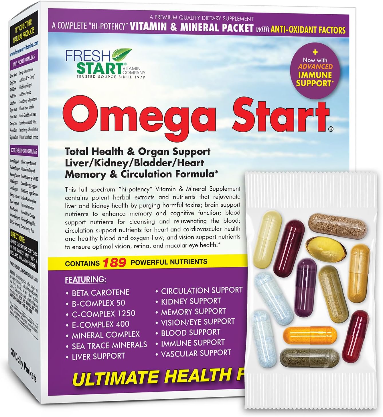 Omega Start All-in-One Daily Vitamin Pack - Total Body & Organ Support - Milk Thistle, Chanca Piedra, Dandelion, Nettle, Mushroom Complex & Antioxidants - 30 Day Supply