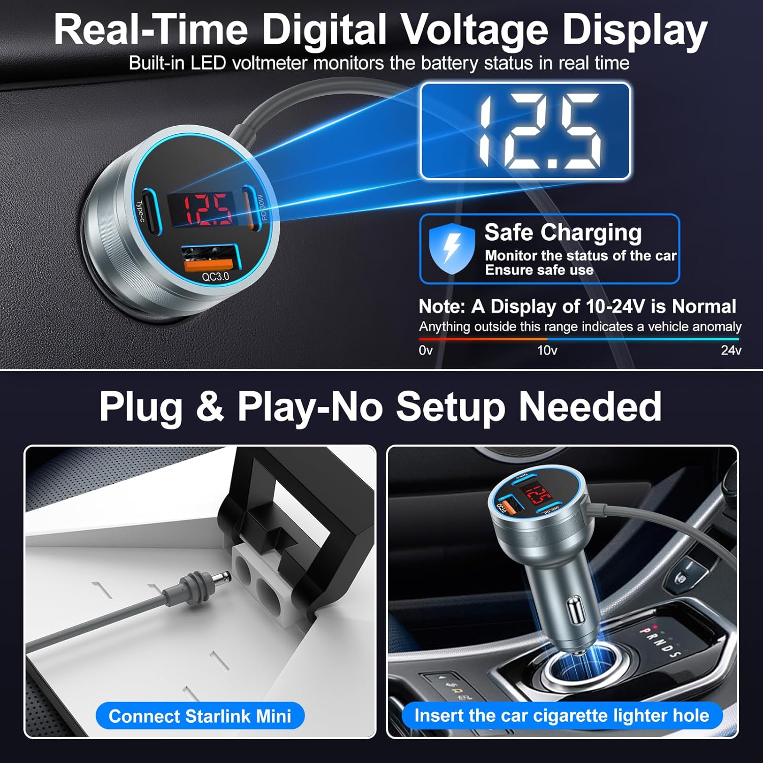Starlink Mini Cable 10ft,4-in-1 Starlink Mini Car Charger DC Power Cable,12V-24V Cigarette Lighter Adapter with Display for Starlink Accessories,PD 30W+QC 18W+Type C 15W Car Power Supply