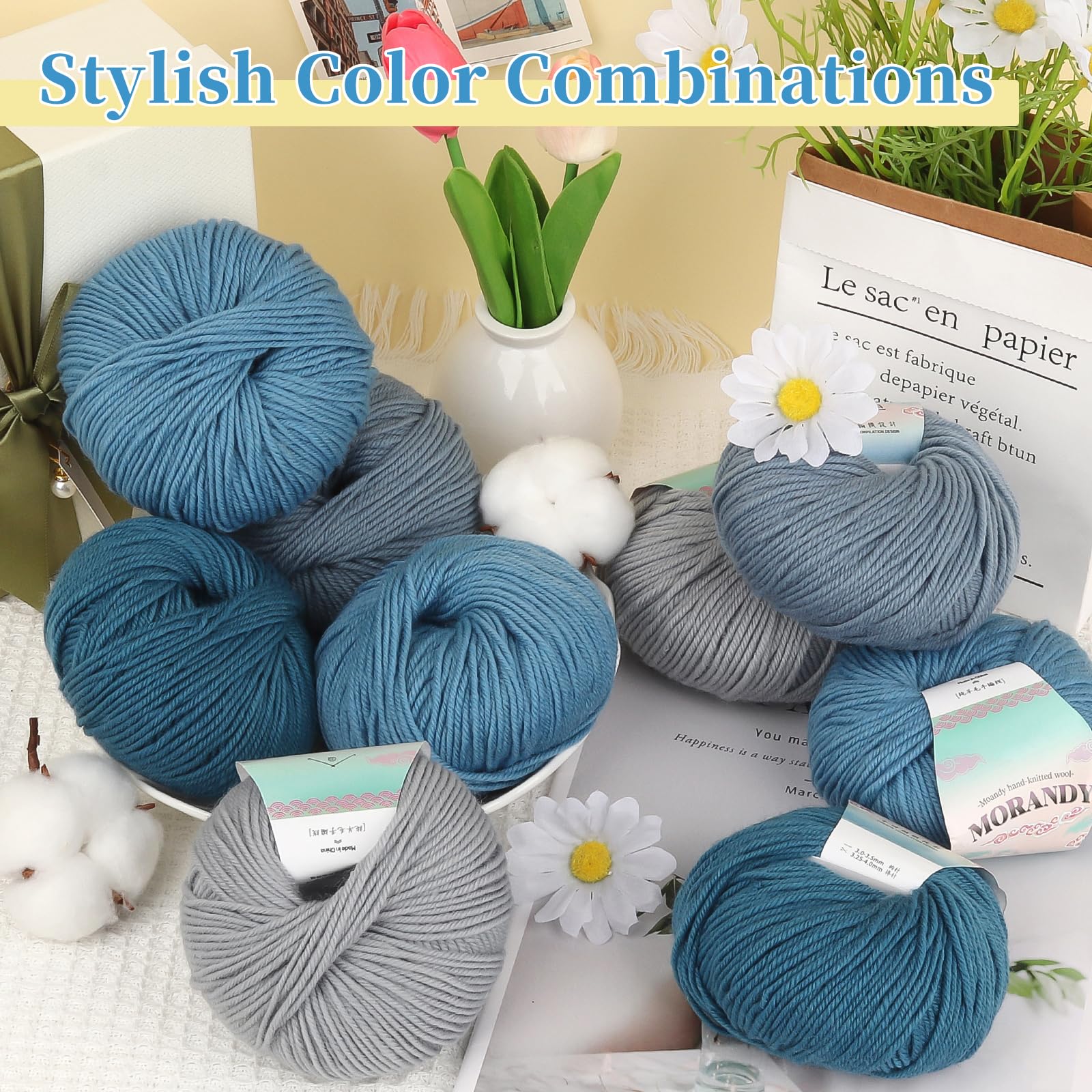 Coopay Wollgarn zum Häkeln, 600 g Wollmischgarn zum Stricken, 12 Stück | 60 % Wolle, 40 % Polyester, 50 g, #3 DK (hell), Häkelgarn für Kleidung, Schals, Decken, Schals, (Blaue Familie)